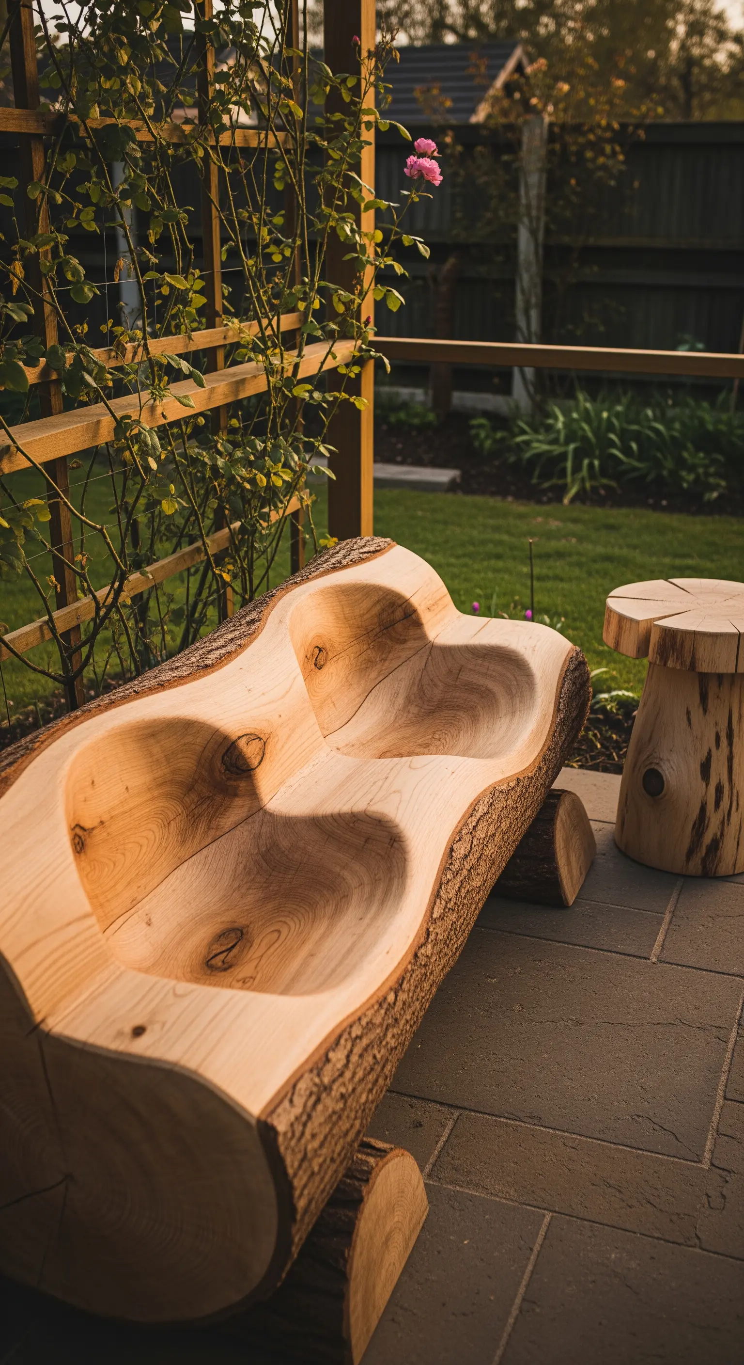 Panca ricavata da un tronco, con due sedute a forma di cuore scavate nel legno chiaro.