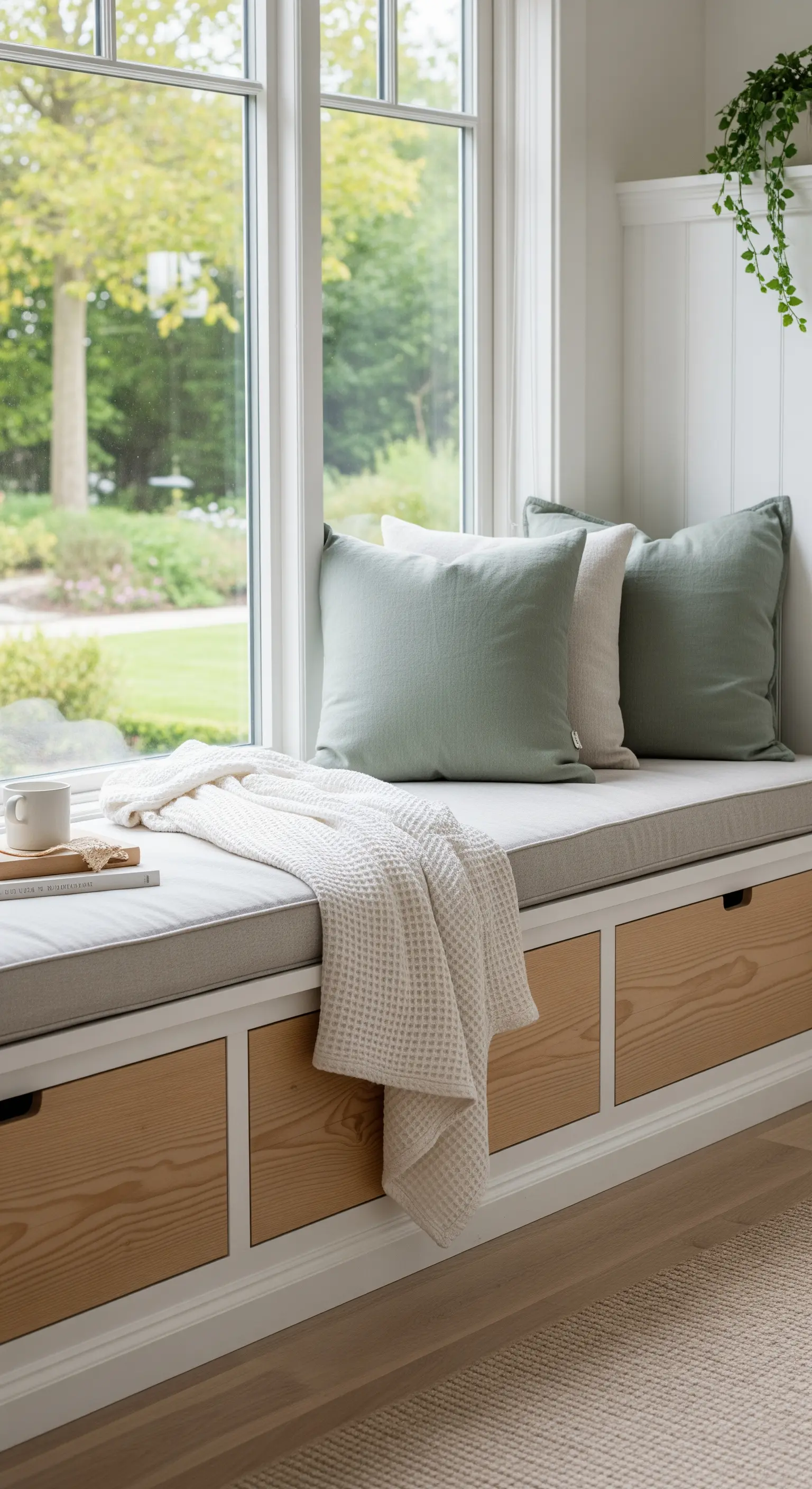 Panca-finestra con cuscini verde salvia, cassetti in legno chiaro e una coperta bianca a nido d'ape.