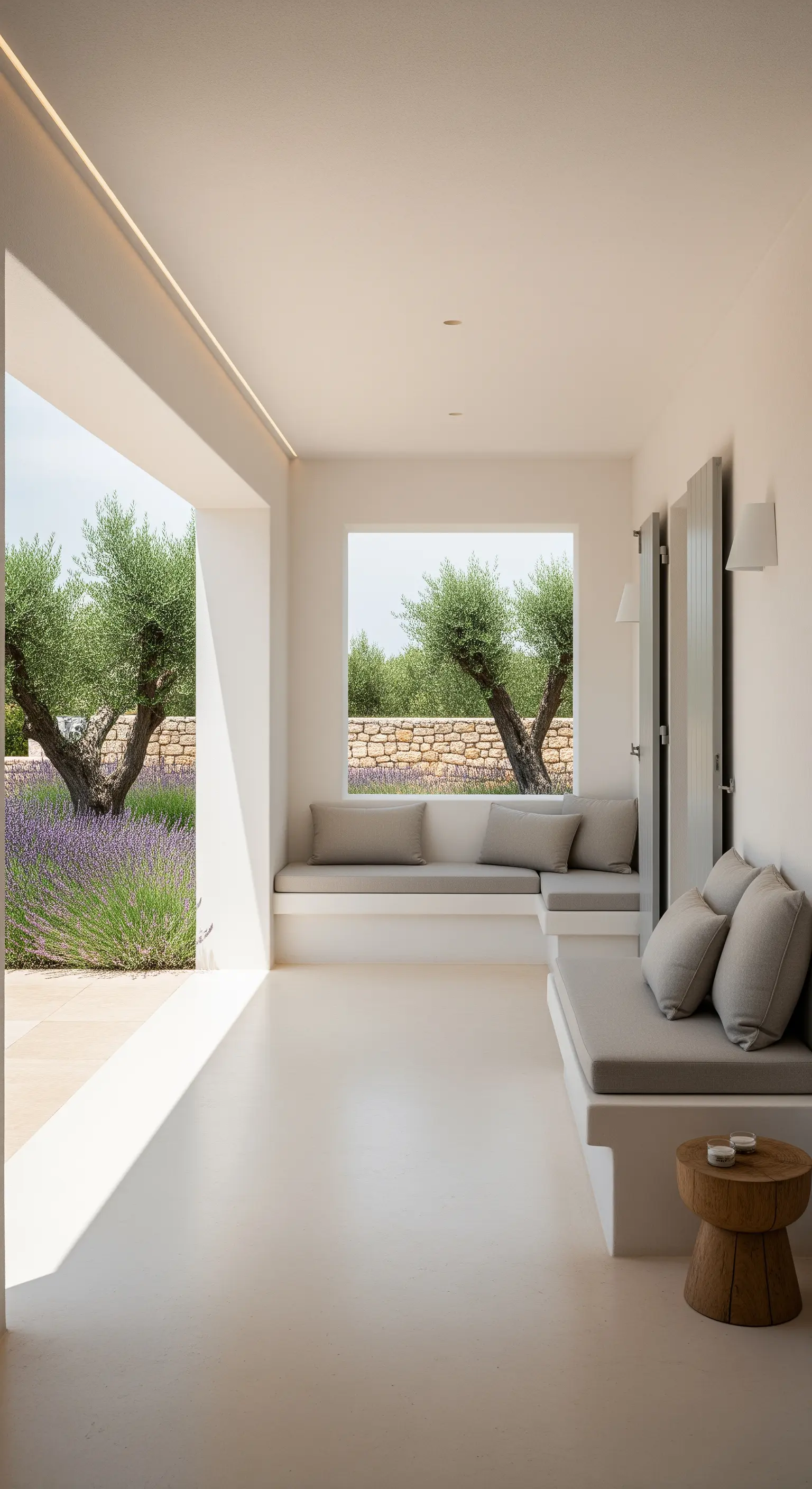 Veranda in stile mediterraneo con panche in muratura integrate e cuscini grigi