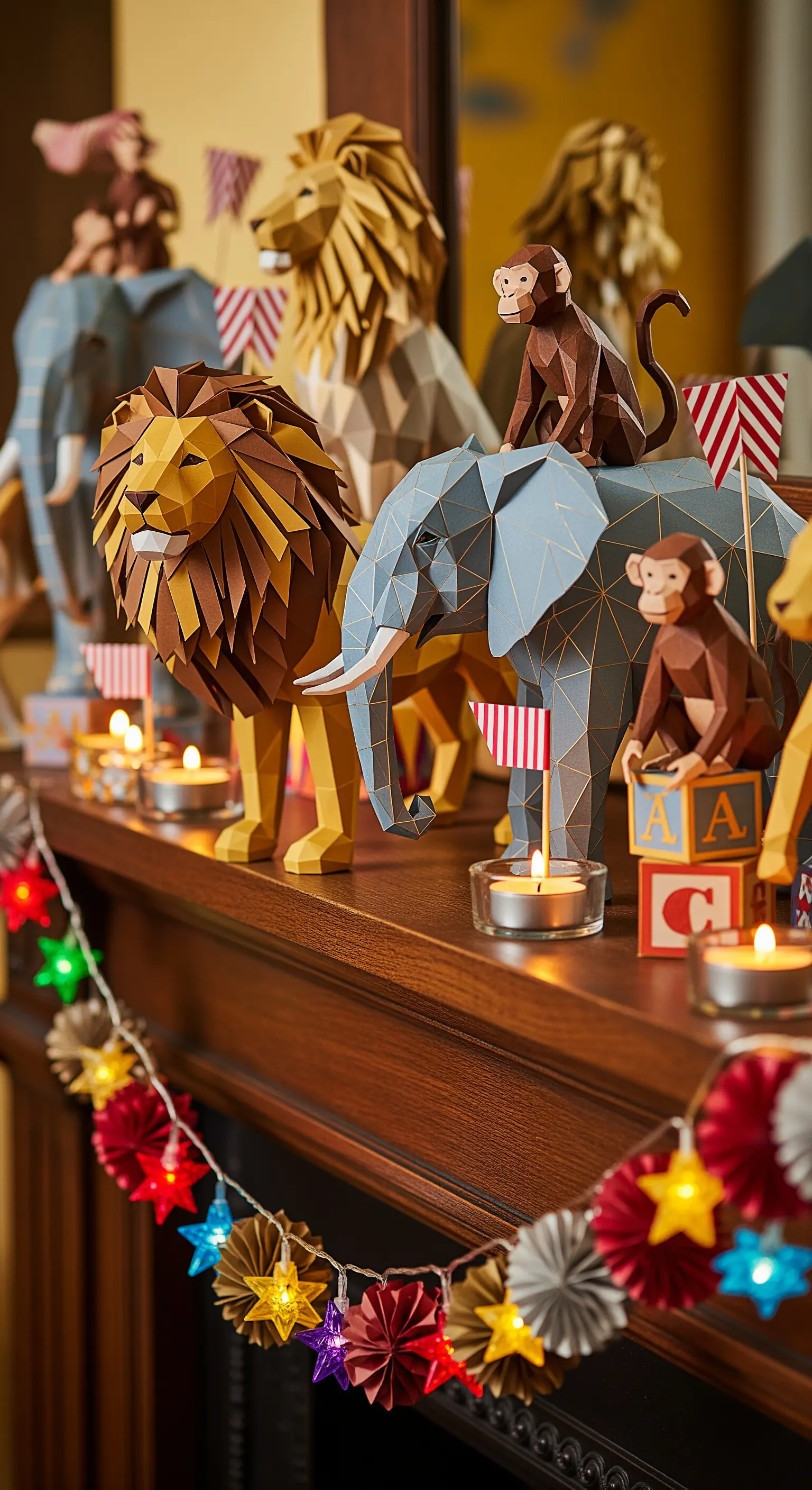 Animali da circo in papercraft poligonale disposti sulla mensola di un camino con candele.