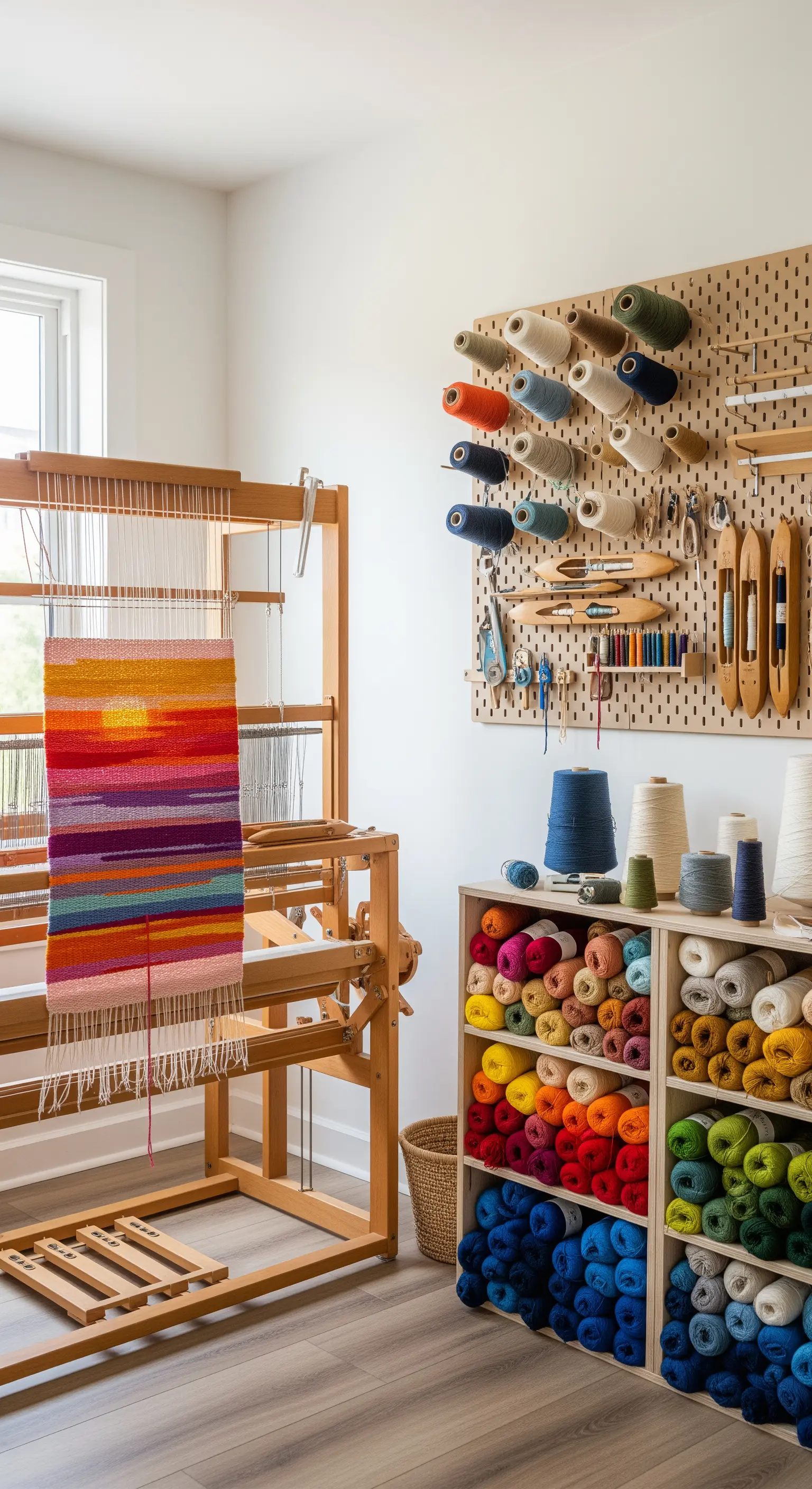 Studio di tessitura con telaio, filati colorati e parete attrezzata con rocchetti.