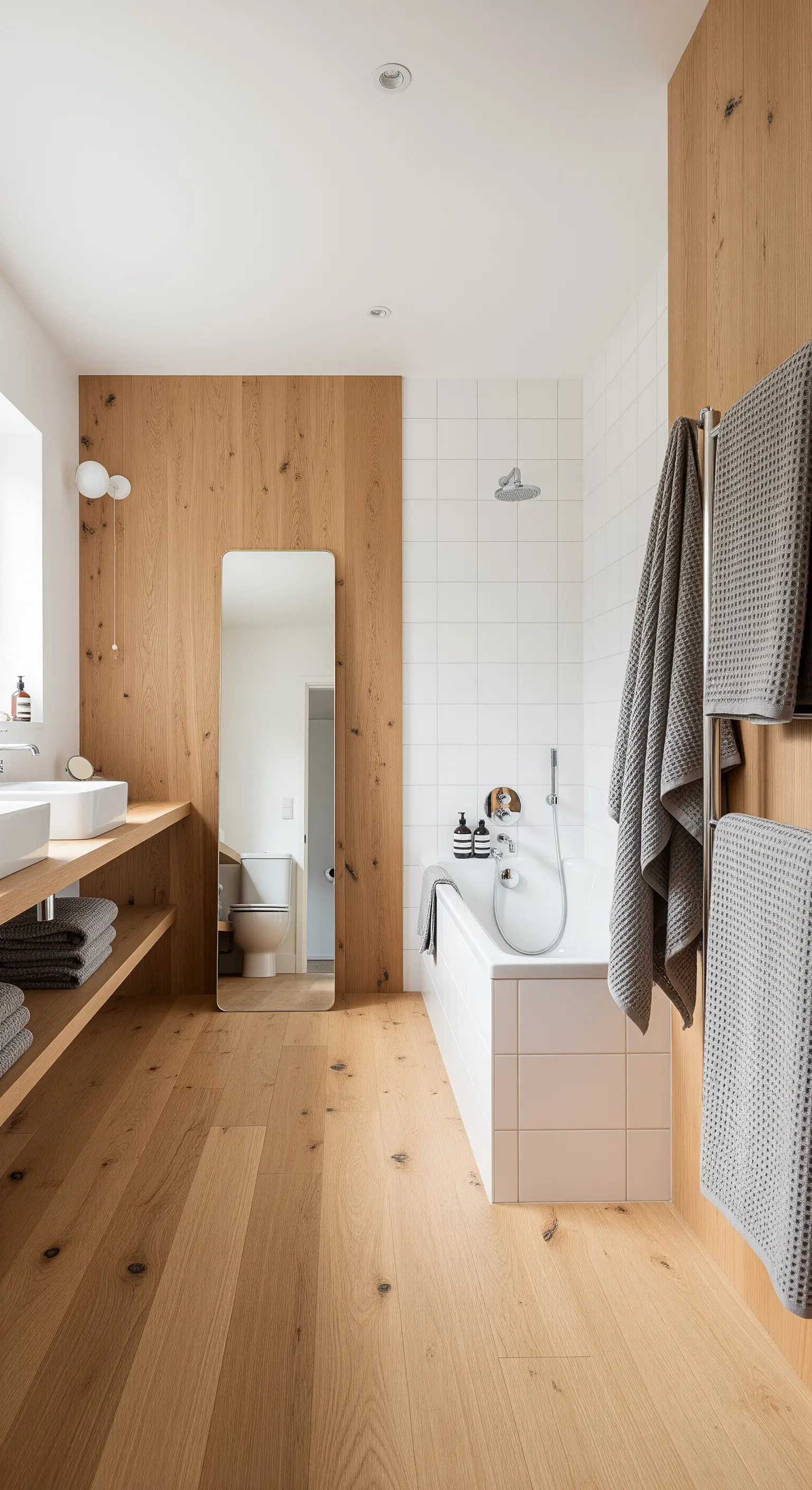 Bagno con parete divisoria in legno, specchio a figura intera e pavimento in parquet.