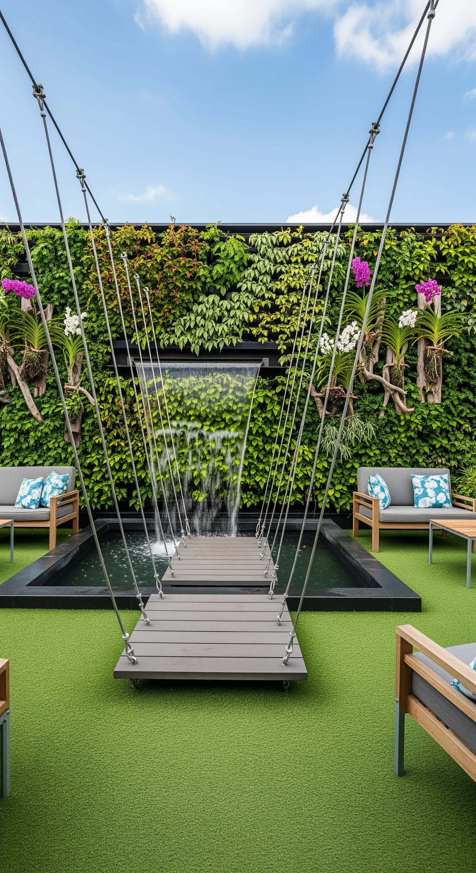 Patio moderno con parete verde verticale, cascata, arredi di design e passerella sospesa.