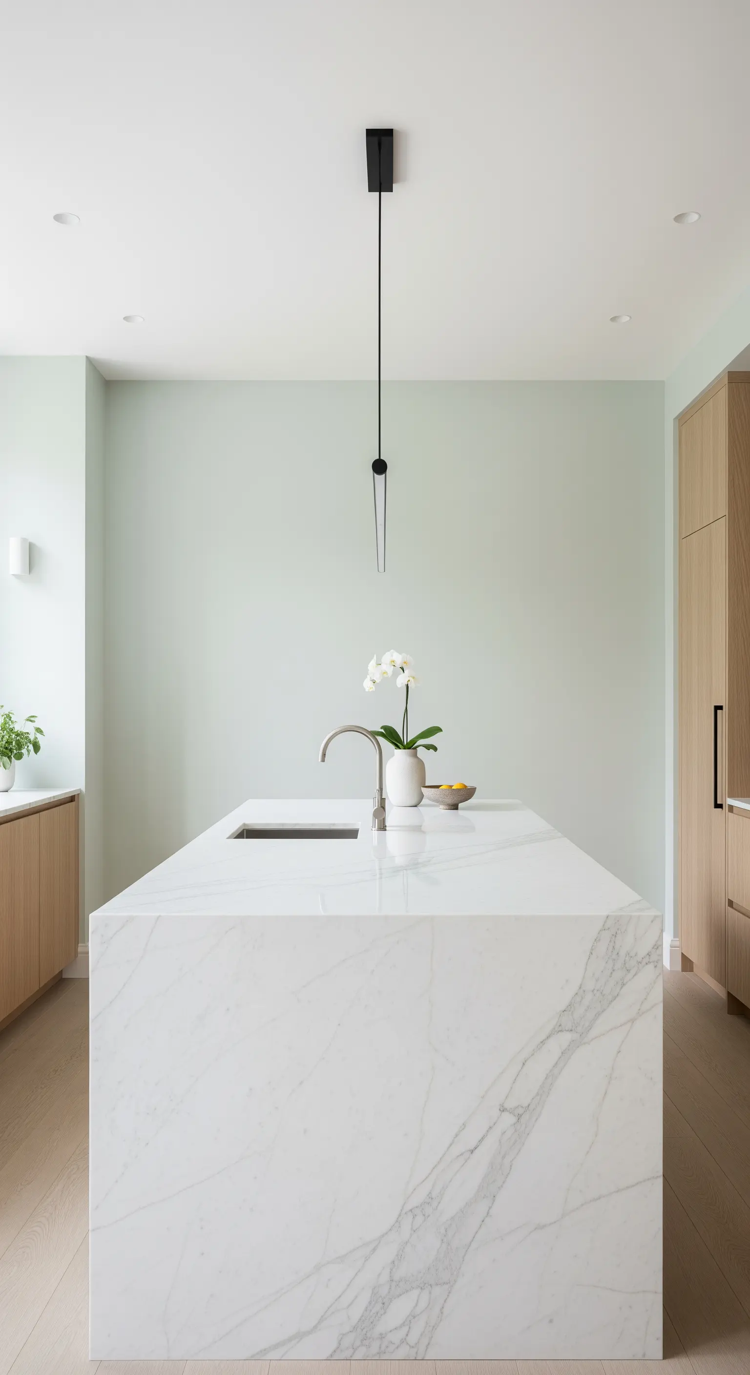 Cucina minimalista con parete verde salvia, isola in marmo e una singola, sottile lampada nera.