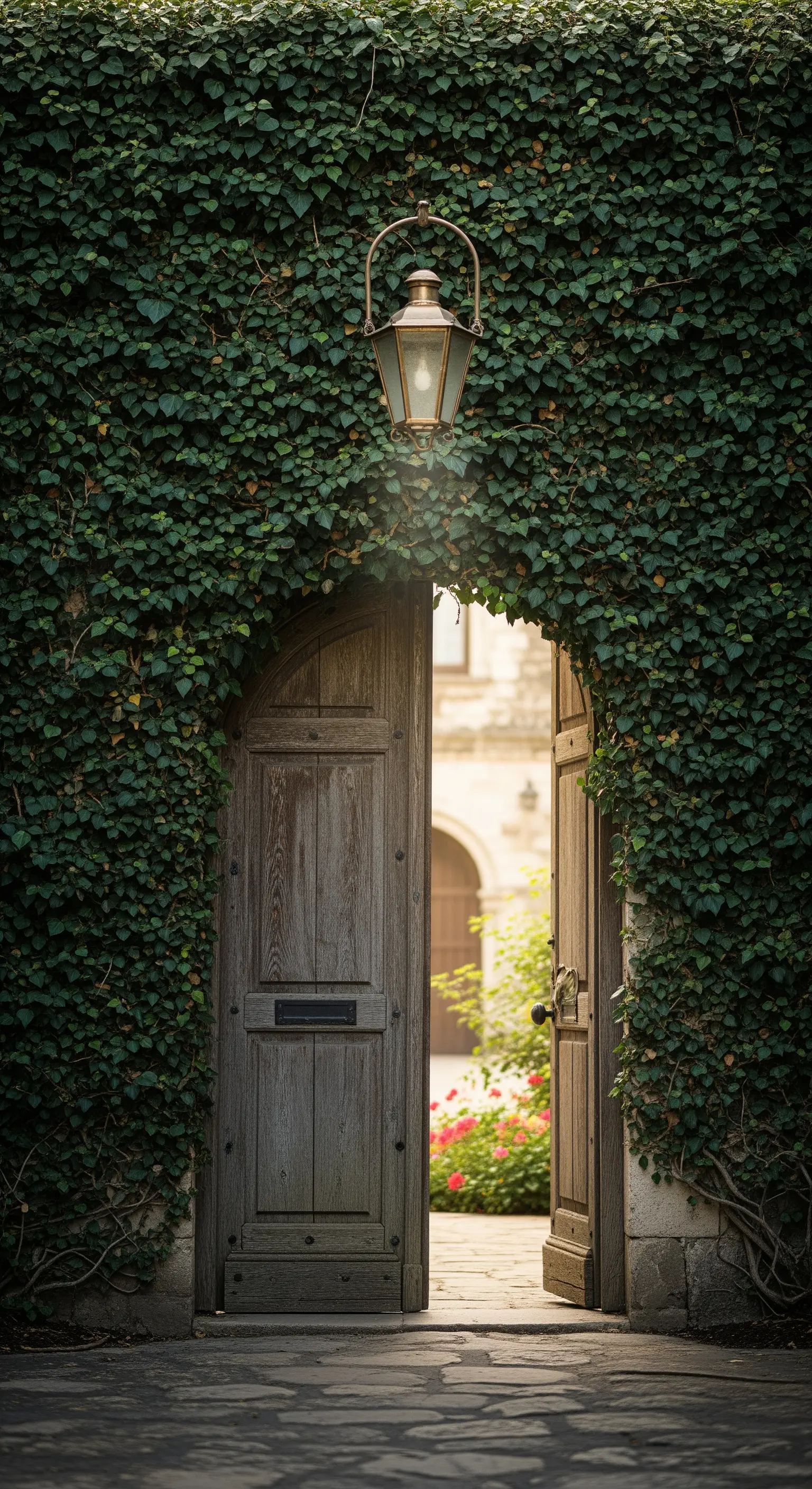 Porta in legno antico semiaperta in un muro interamente coperto di edera, con una lanterna sospesa.