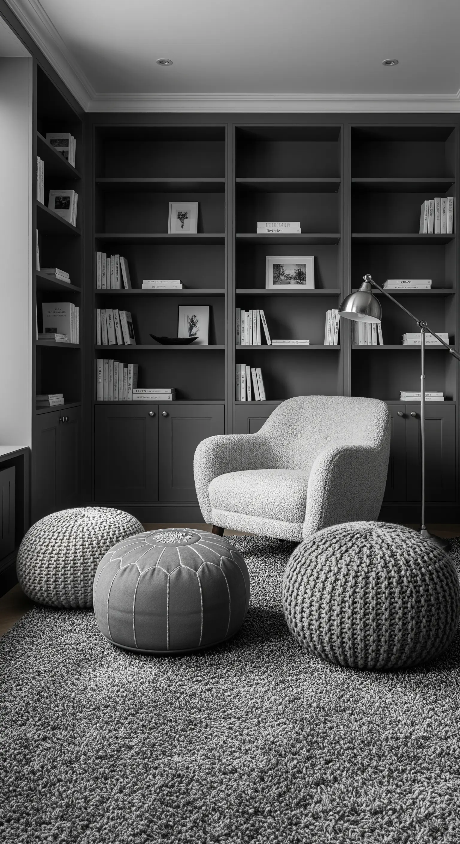 Ambiente monocromatico con libreria grigio scuro, poltrona bouclé bianca e vari pouf grigi.