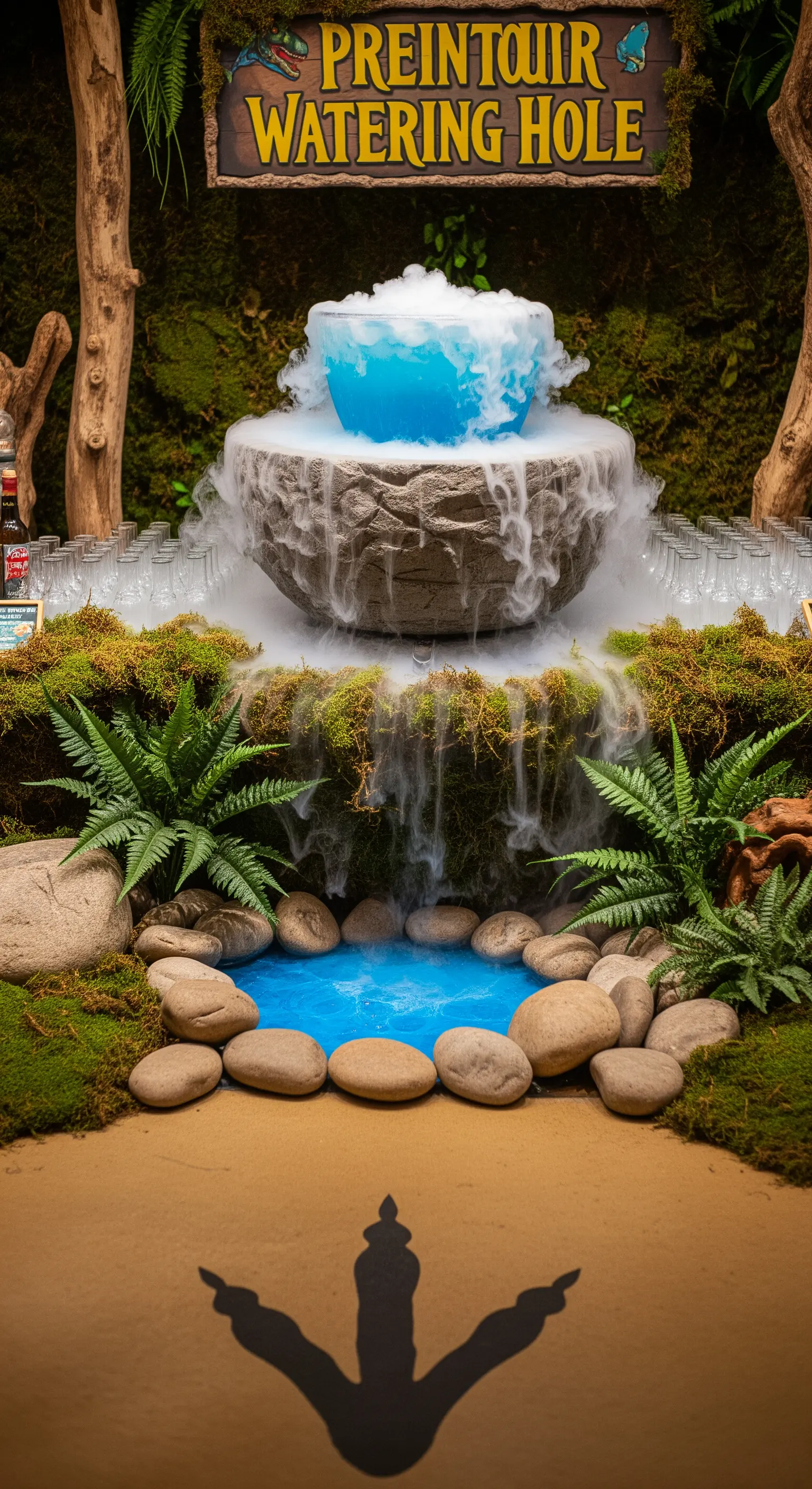 Fontana di punch blu con effetto fumo (ghiaccio secco) in un'ambientazione rocciosa.