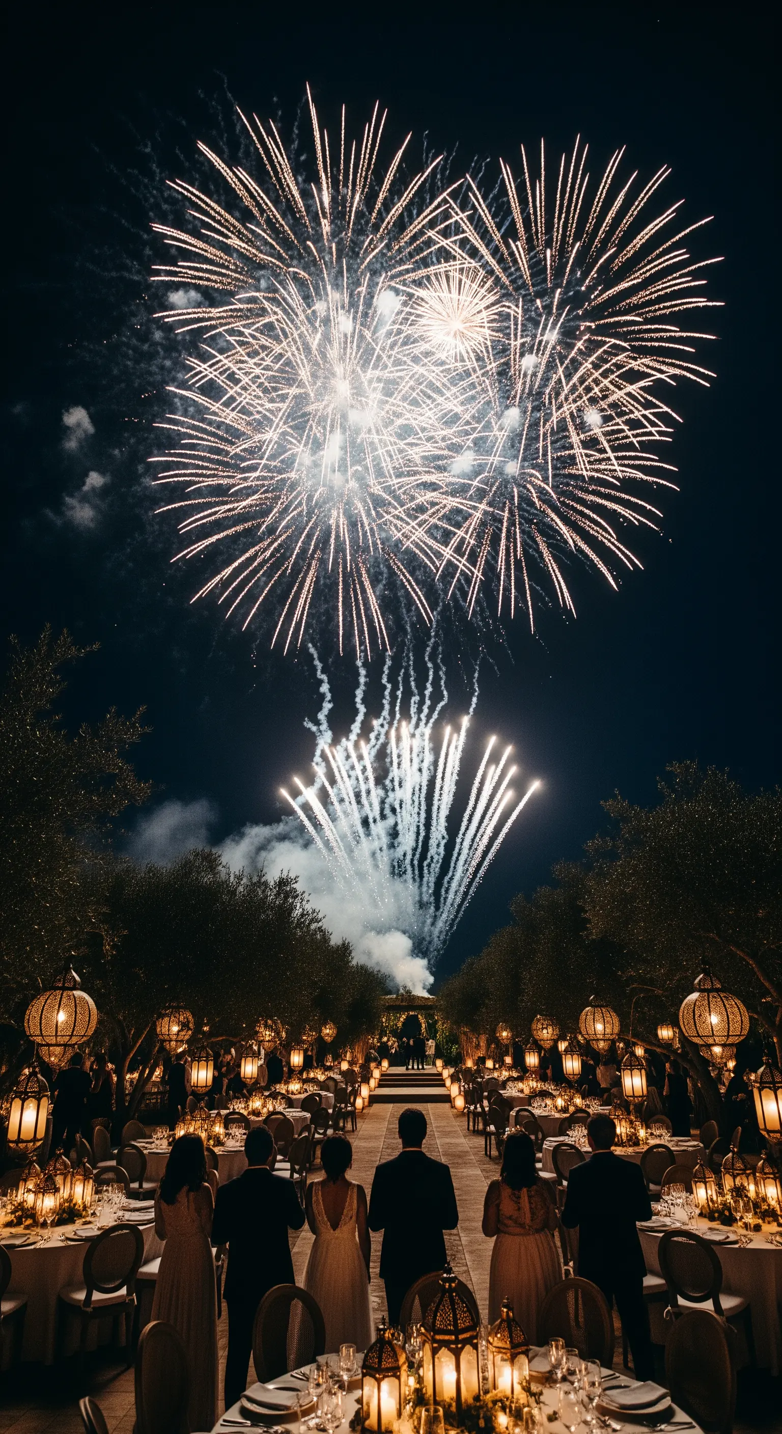 Ospiti seduti a tavola che guardano uno spettacolo di fuochi d'artificio in fondo a un viale