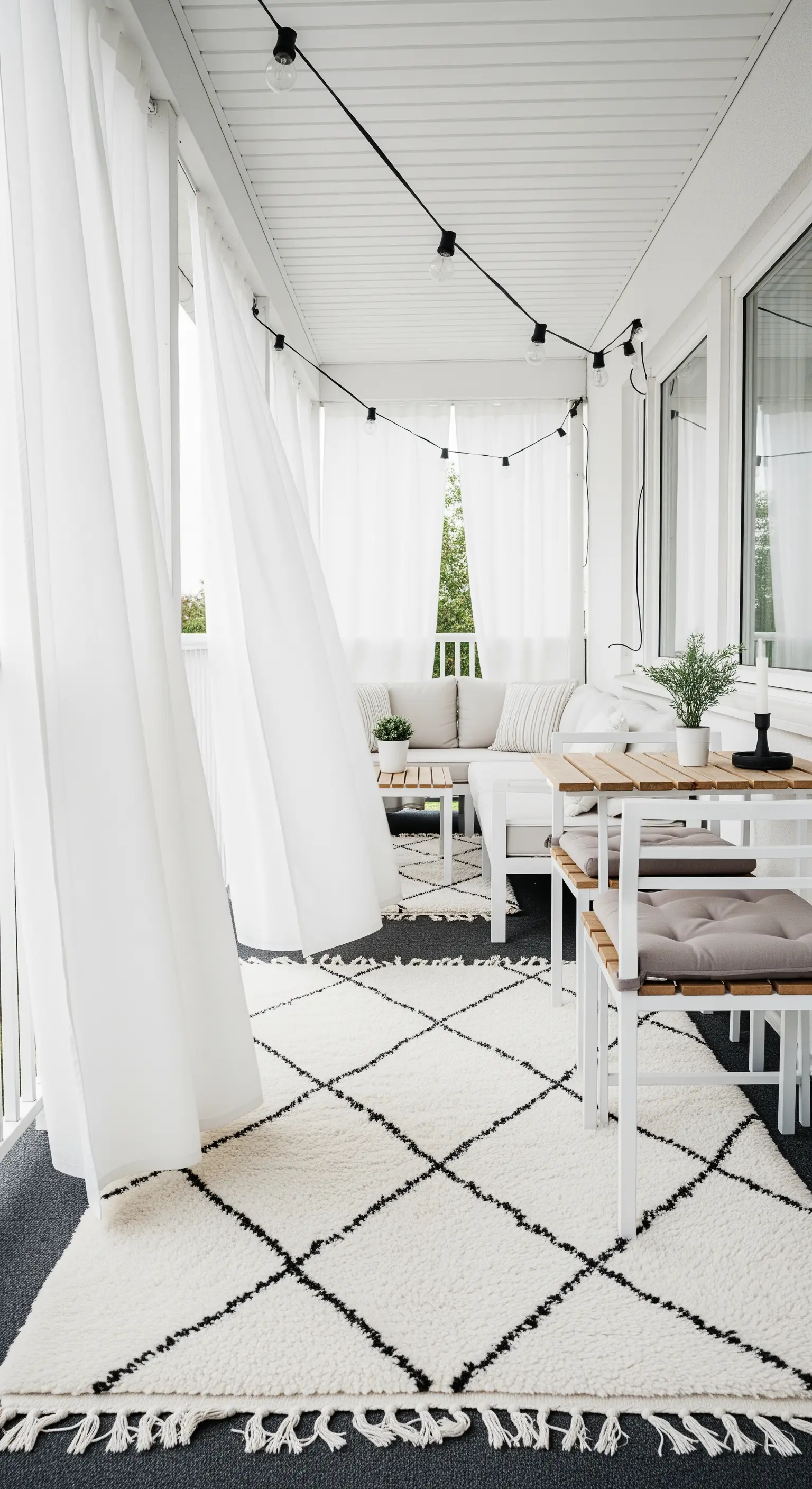 Veranda total white con tappeto a motivi geometrici bianchi e neri.
