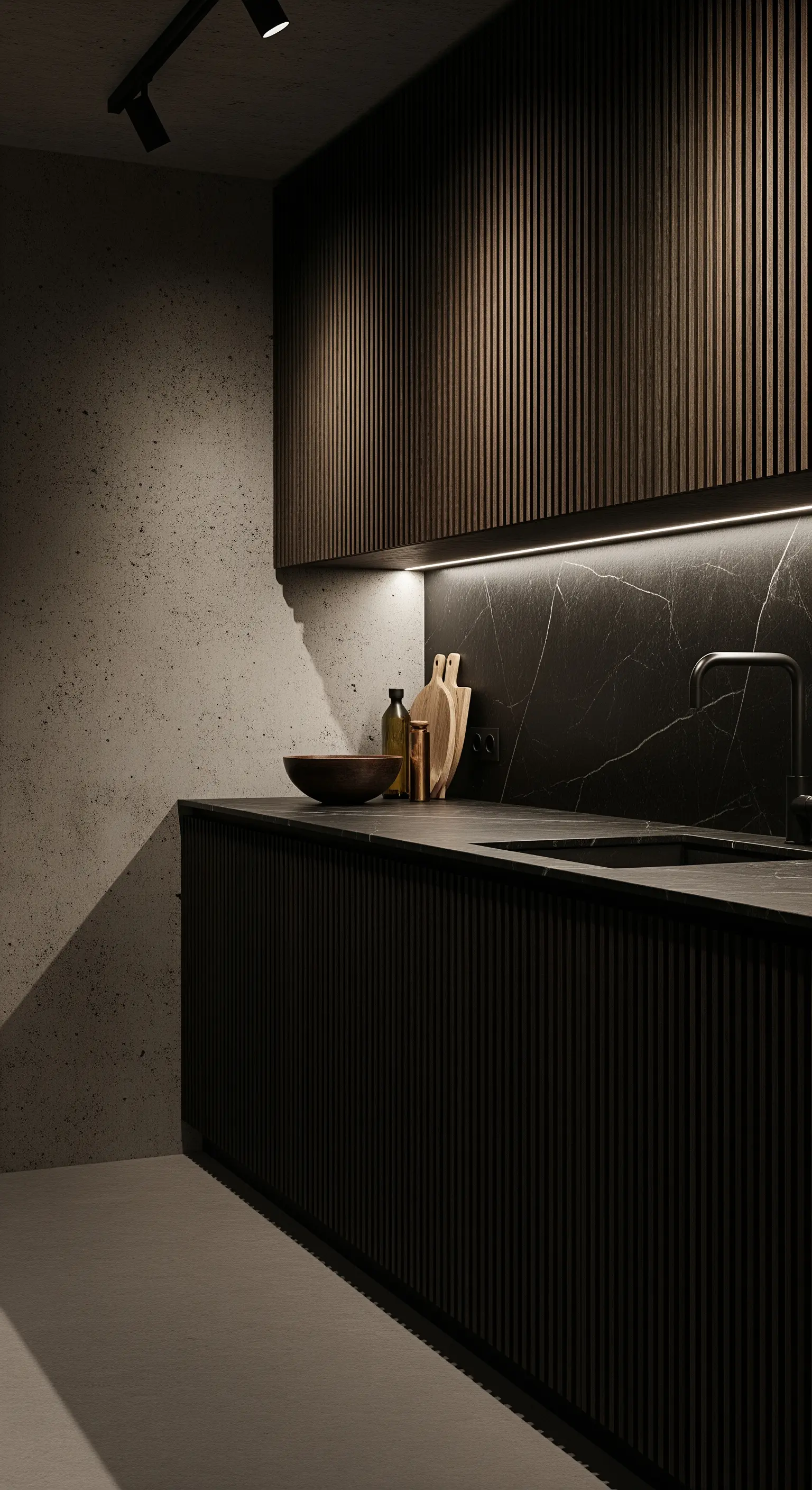 Cucina di design con mobili in legno scuro cannettato e paraschizzi in marmo nero.