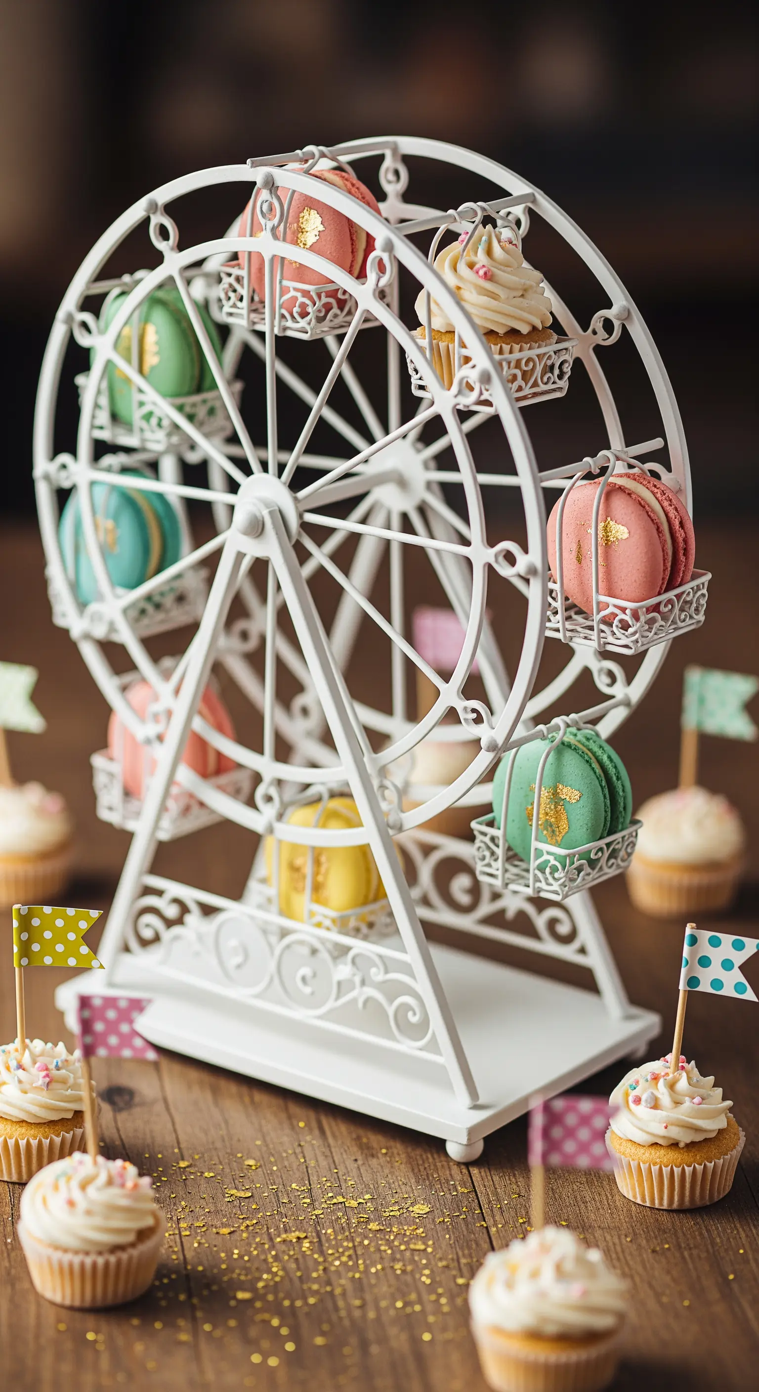 Piccola ruota panoramica bianca usata come espositore per macaron e cupcake colorati.