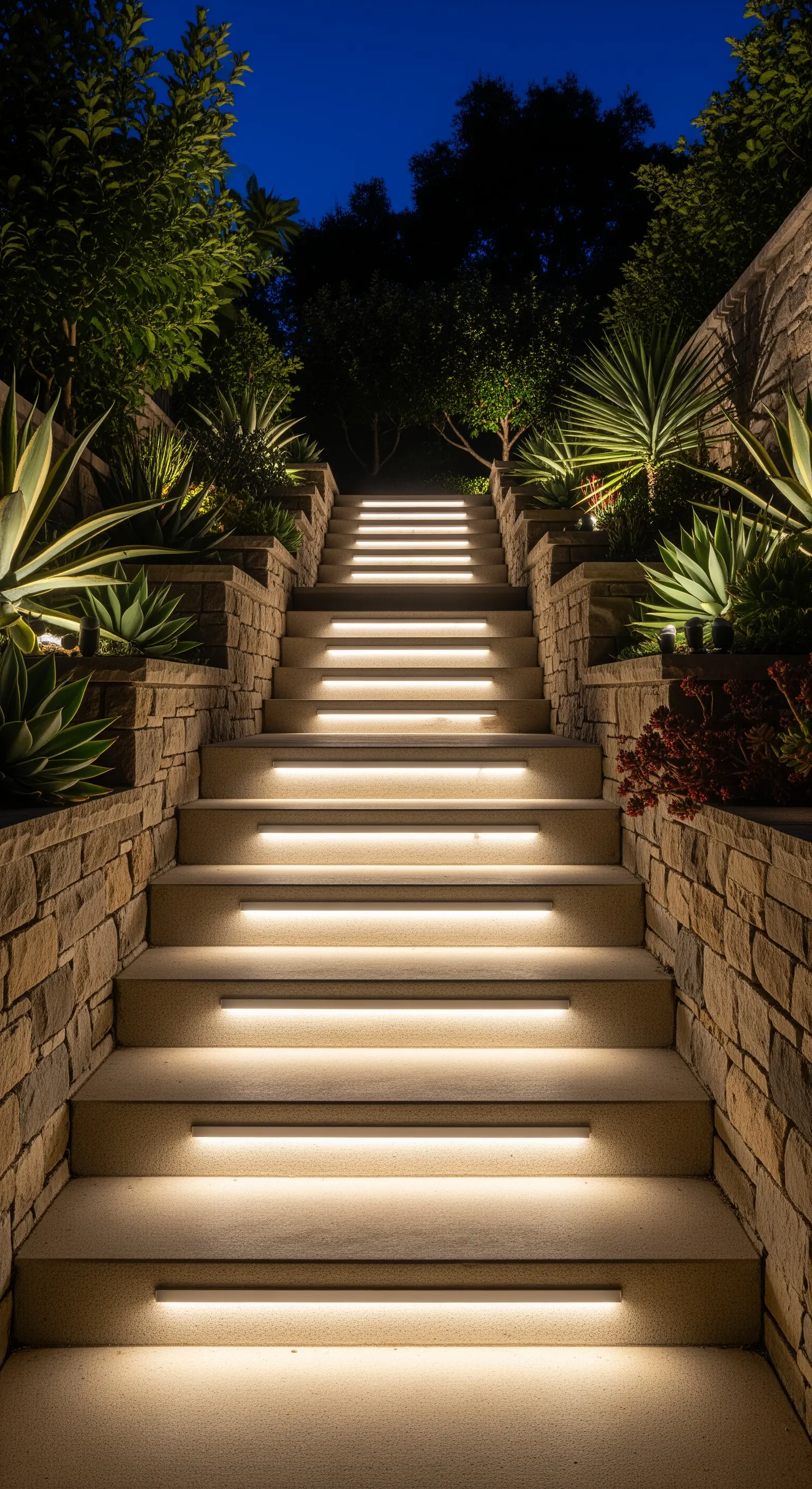 Scalinata esterna in pietra con strisce LED a luce calda integrate sotto ogni gradino.