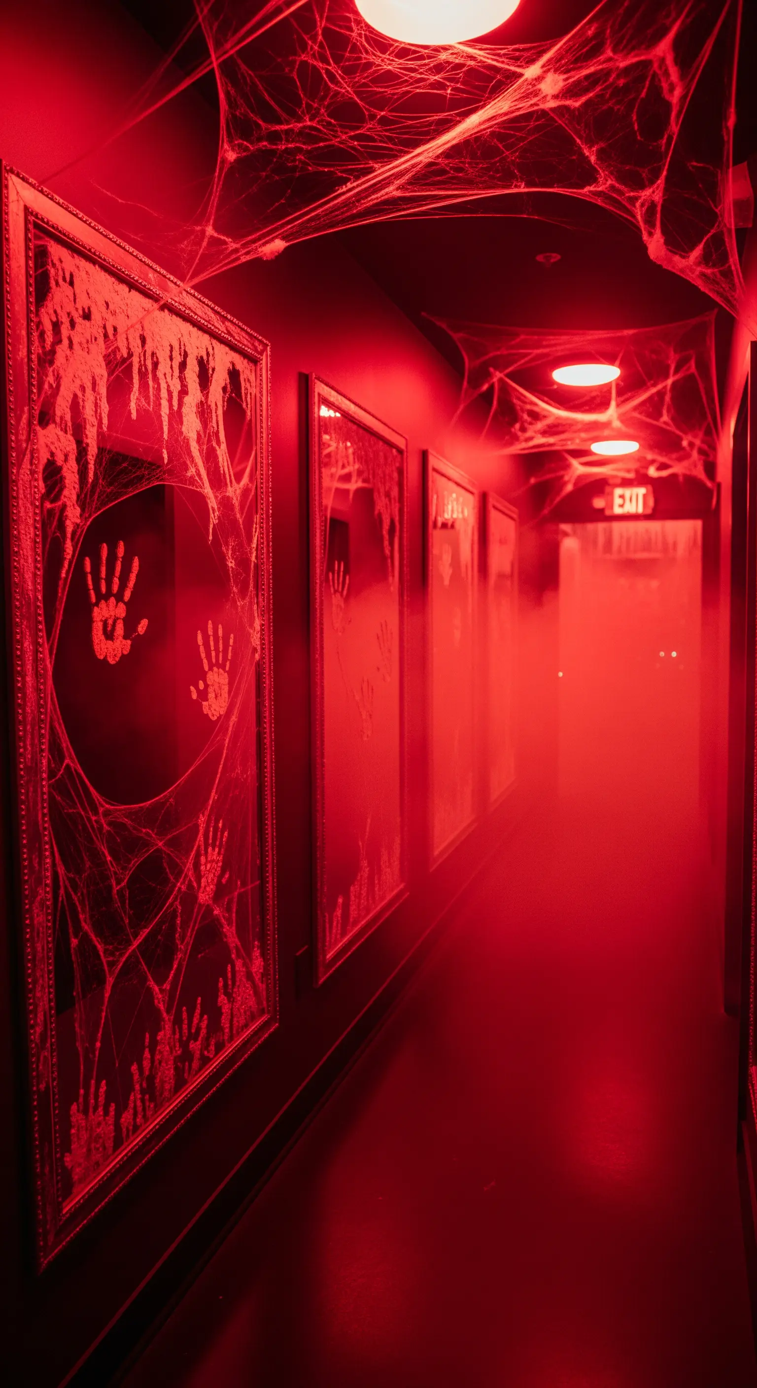 Corridoio rosso nebbioso con impronte di mani insanguinate sugli specchi.