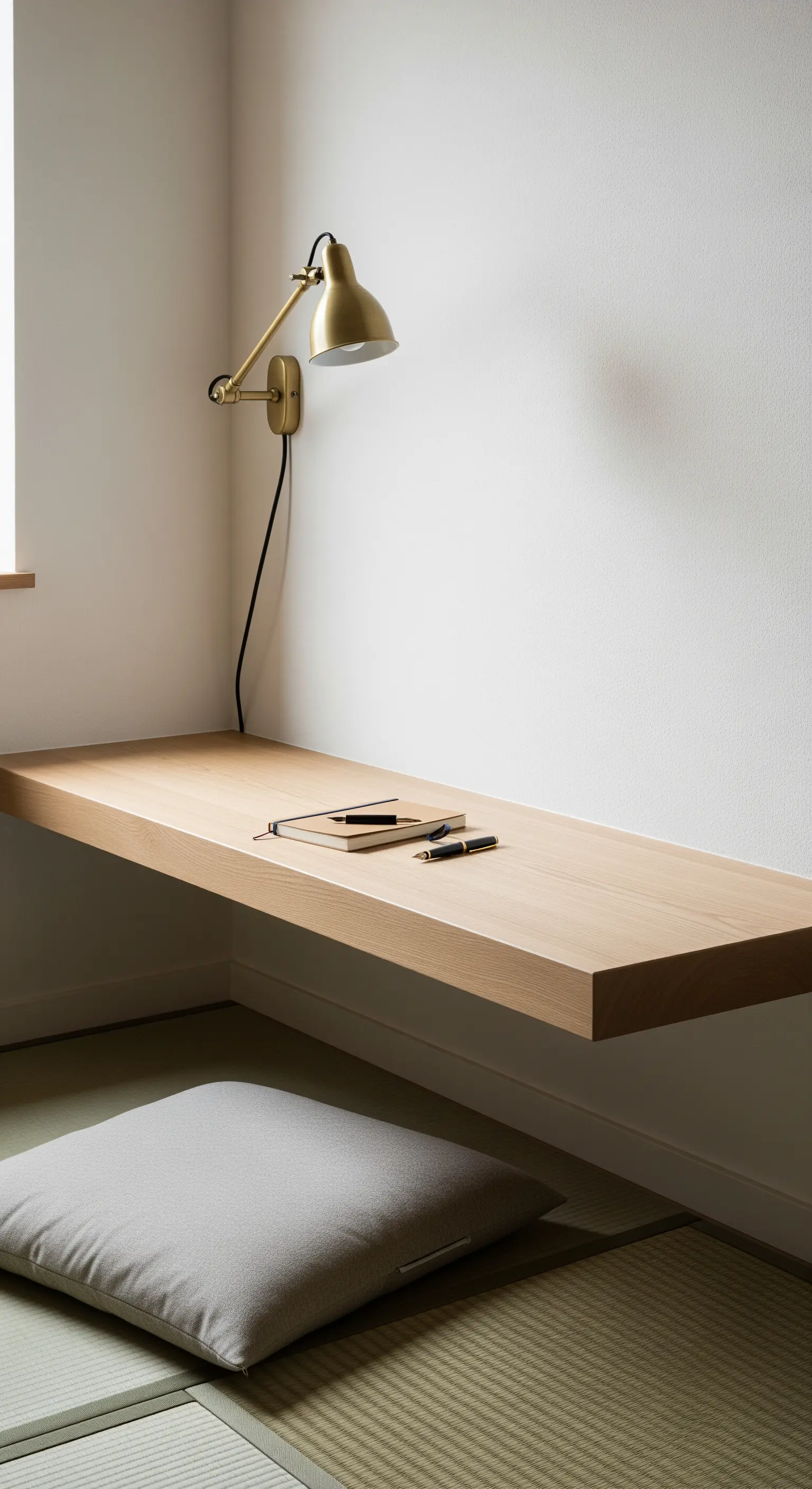 Scrivania sospesa in legno chiaro con lampada in ottone e cuscino grigio su pavimento in tatami.