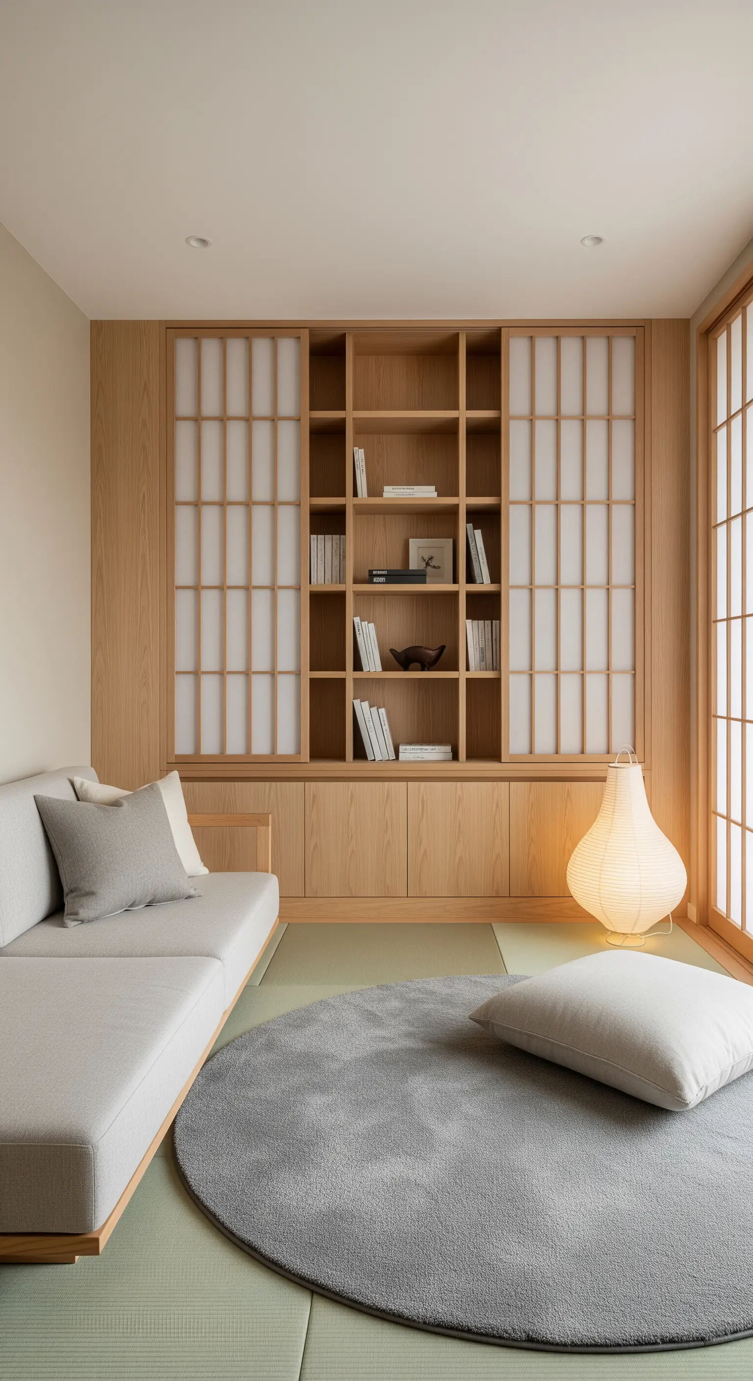 Soggiorno in stile giapponese con libreria in legno chiaro, ante scorrevoli e tatami.