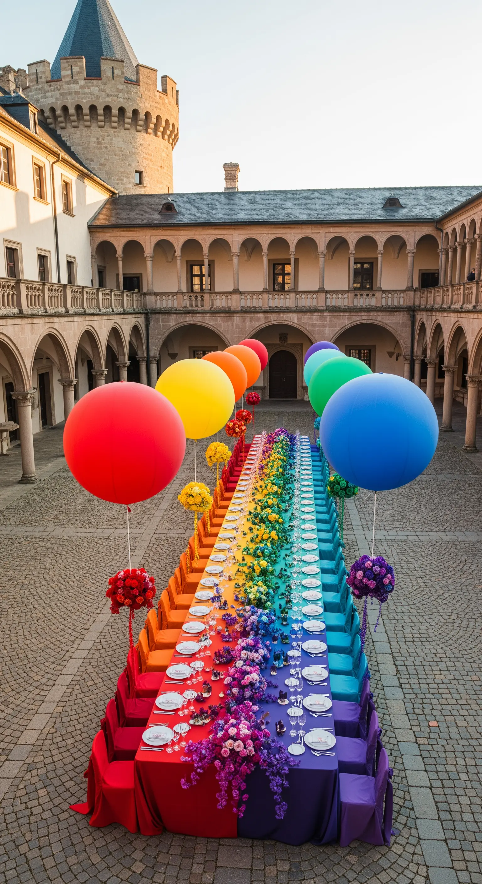 Lunga tavolata in un cortile con runner floreale e palloncini giganti arcobaleno.