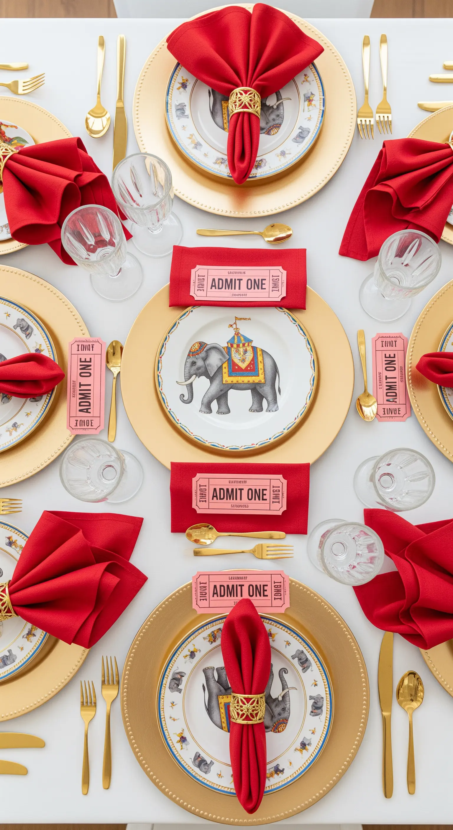 Mise en place elegante con sottopiatto dorato, tovagliolo rosso e piatto con elefante da circo.