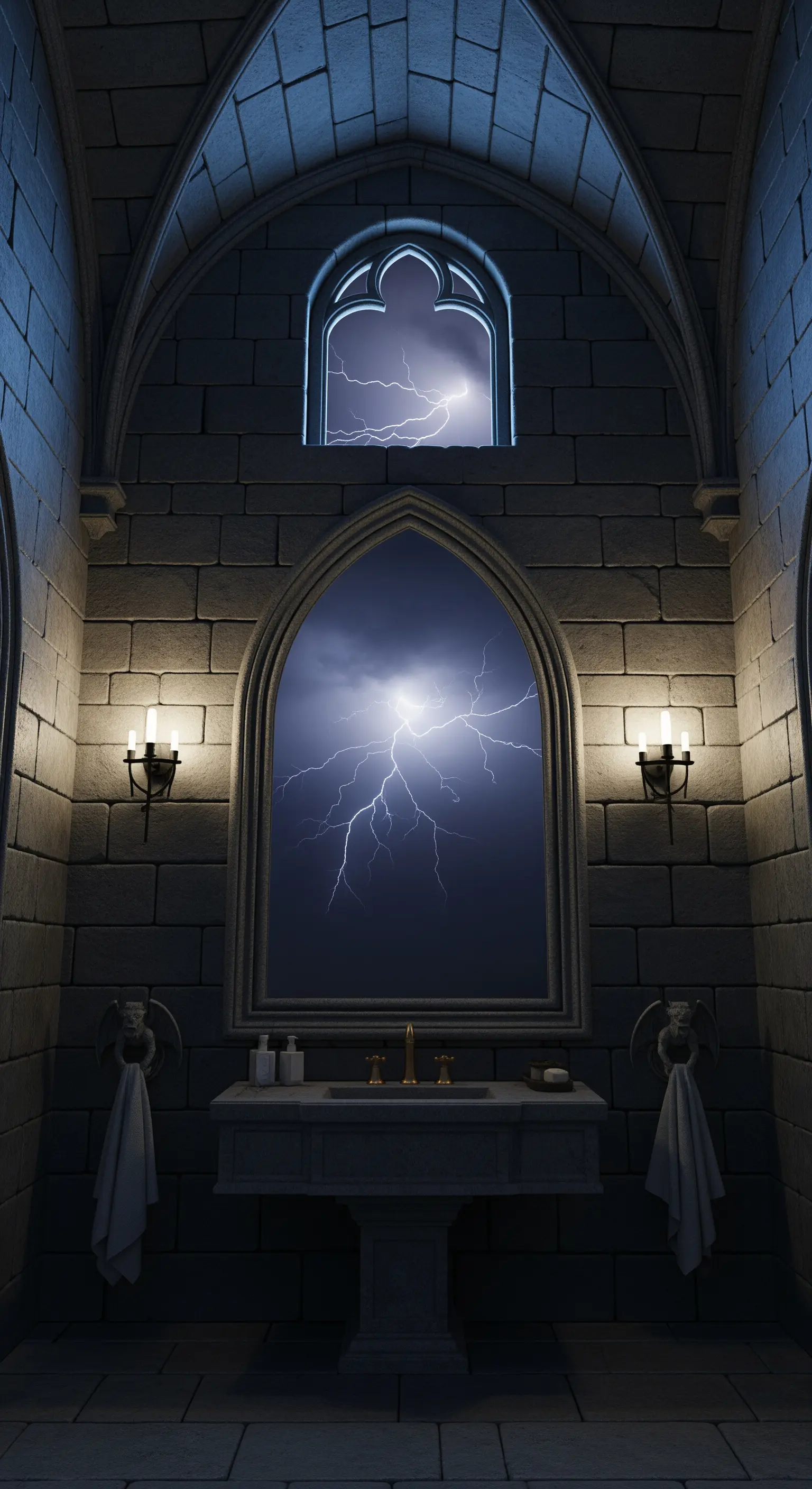 Bagno in pietra con una finestra-specchio che mostra un cielo notturno con fulmini