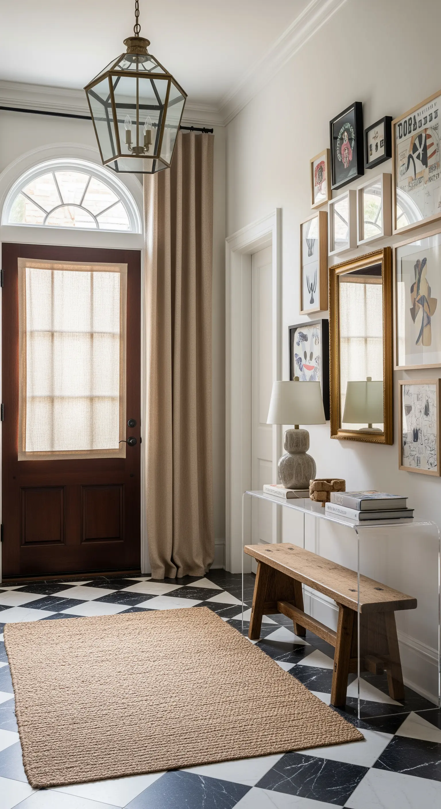 Ingresso eclettico con pavimento a scacchi, gallery wall, panca in legno e consolle in acrilico.
