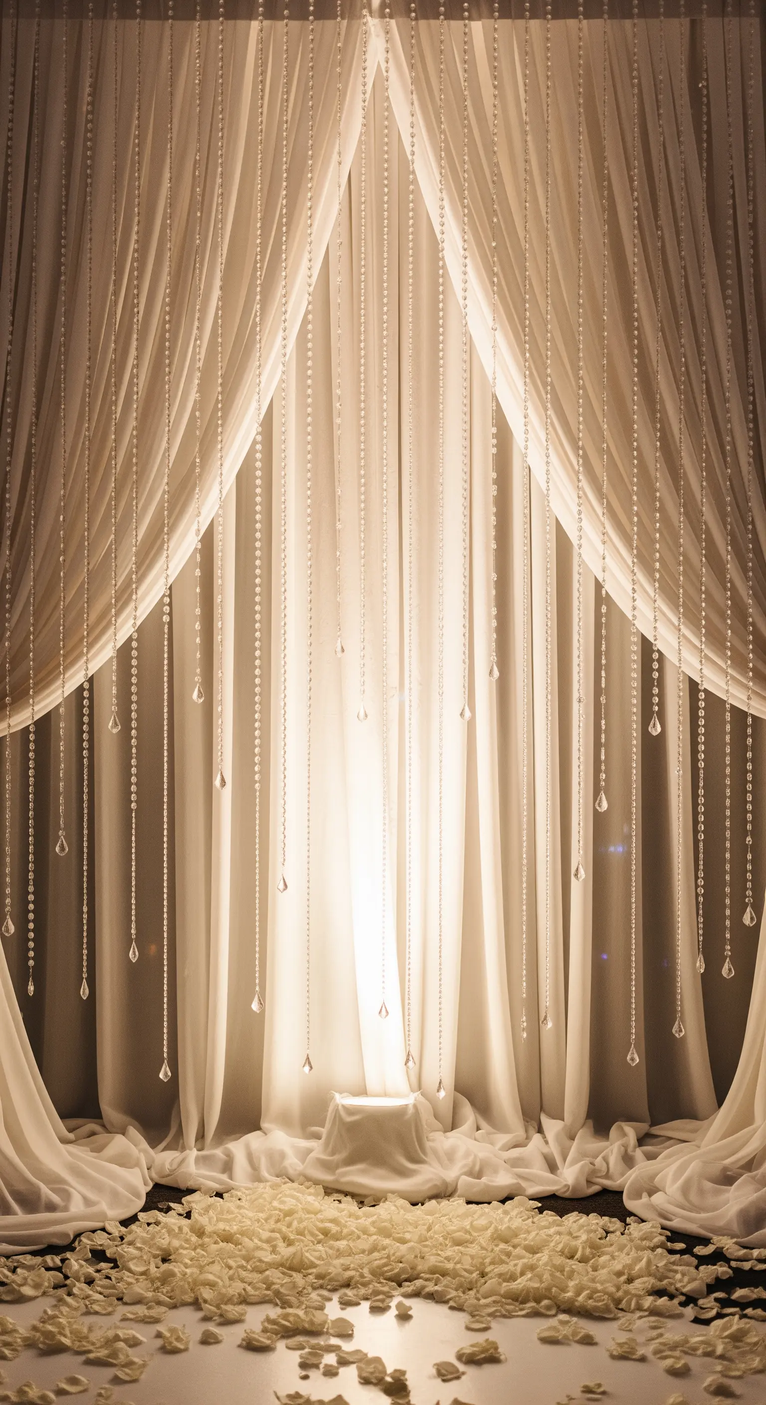 Backdrop con tende color crema e cascate di perline di cristallo illuminate dal retro.