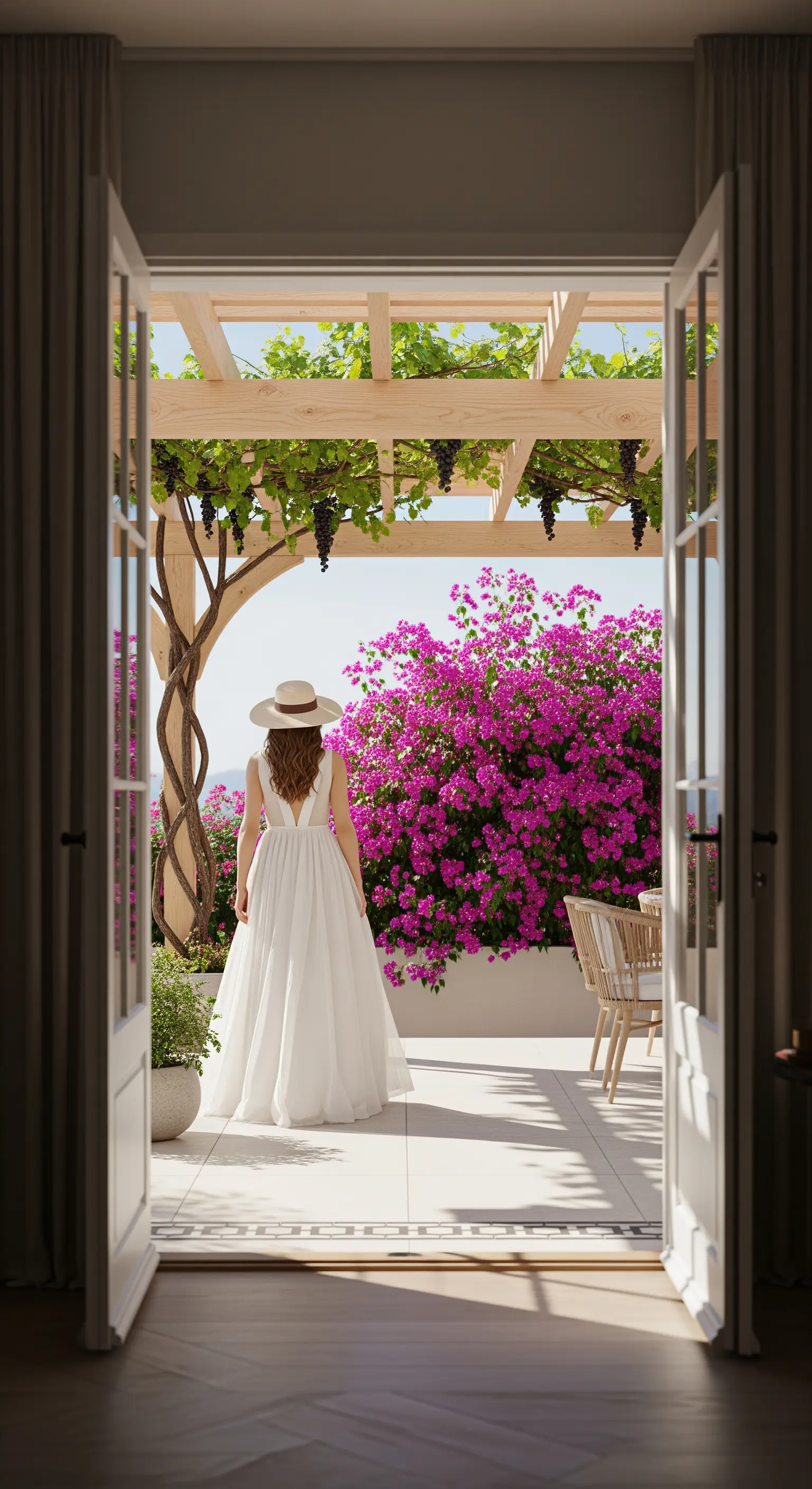 Vista da una porta aperta su una terrazza soleggiata con pergola e bouganville.