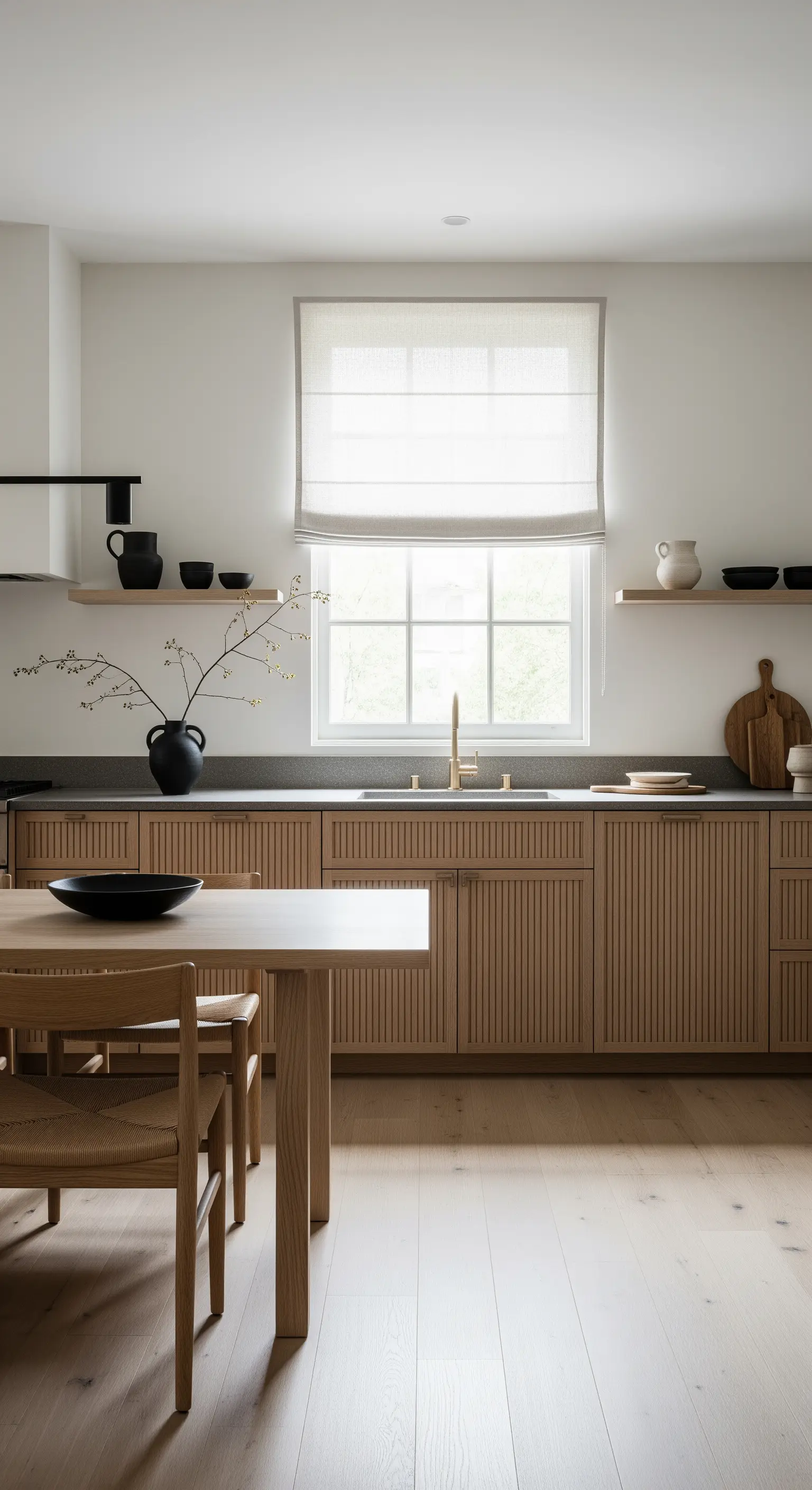 Cucina minimalista con mobili in legno a listelli e una tenda a pacchetto in lino grezzo.