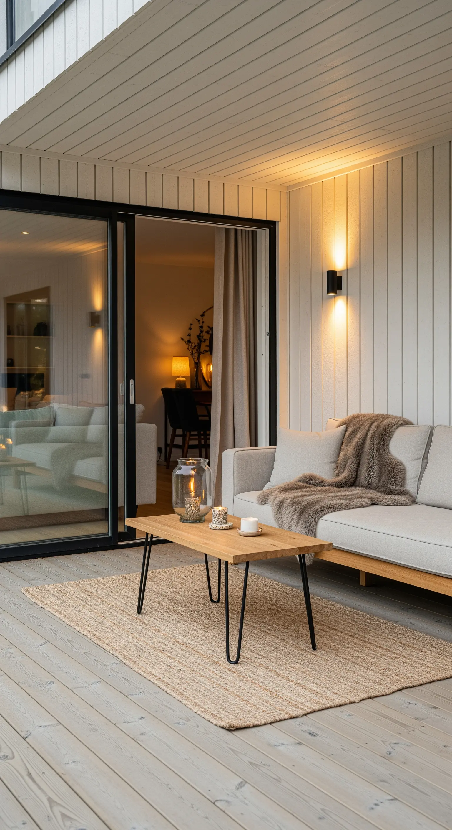 Veranda con divano beige, tappeto in juta e tavolino con gambe a forcina.