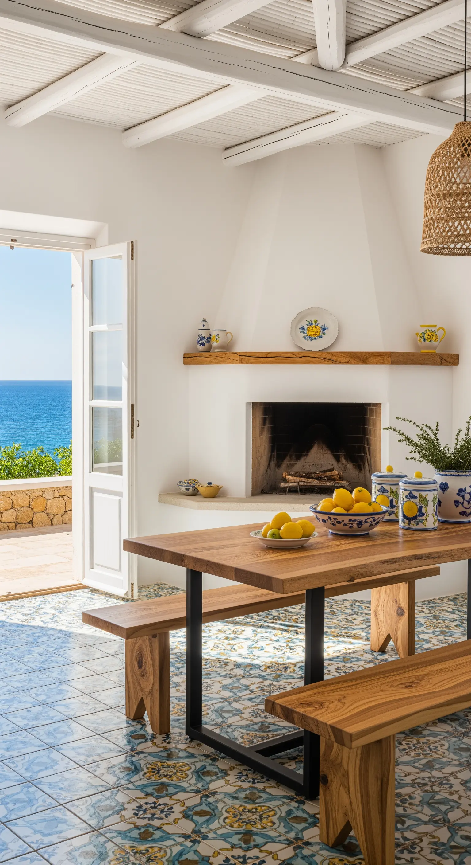 Cucina mediterranea con camino bianco, pavimento in maioliche colorate e vista sul mare.