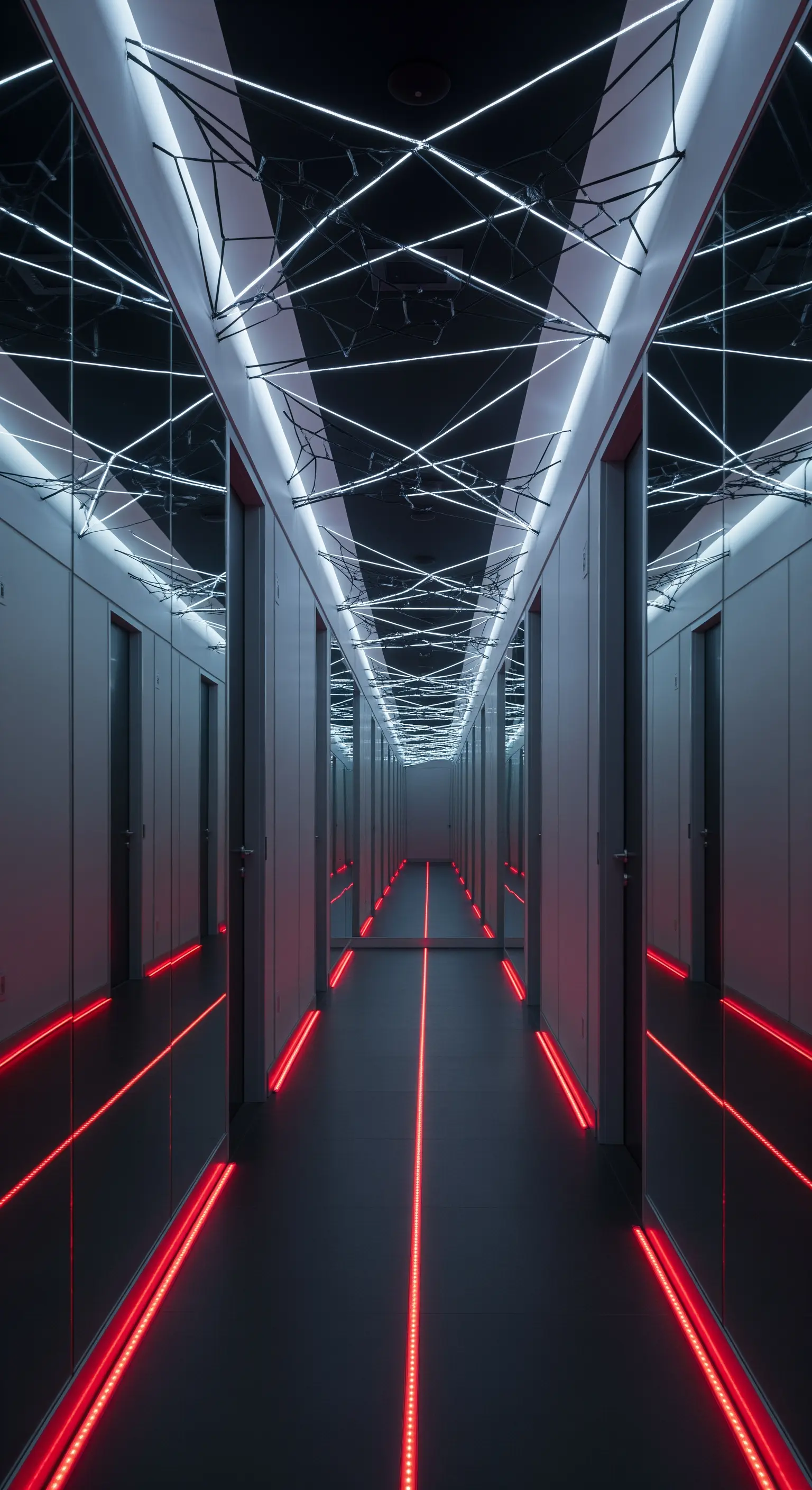 Corridoio futuristico con specchi e strisce LED rosse.