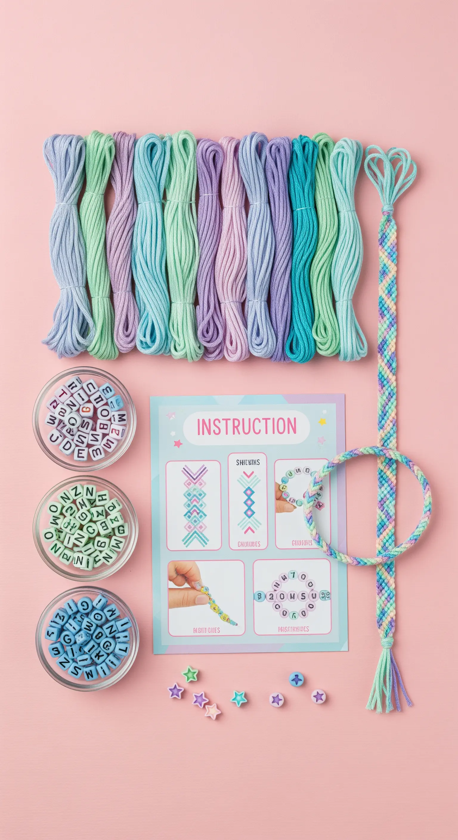 Kit per creare braccialetti dell'amicizia con fili colorati e perline con lettere.