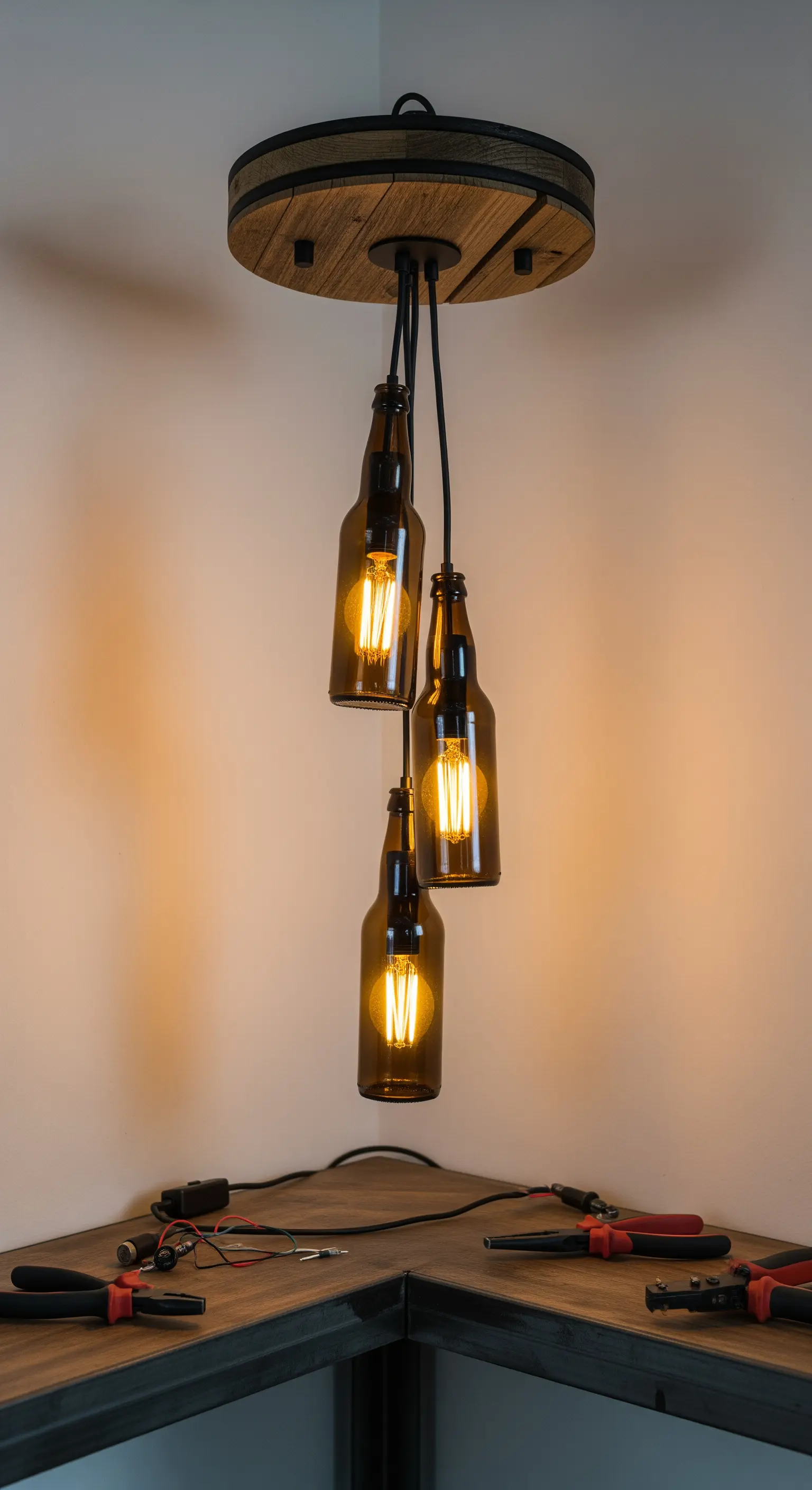 Lampadario sospeso creato con tre bottiglie di birra e base in legno.