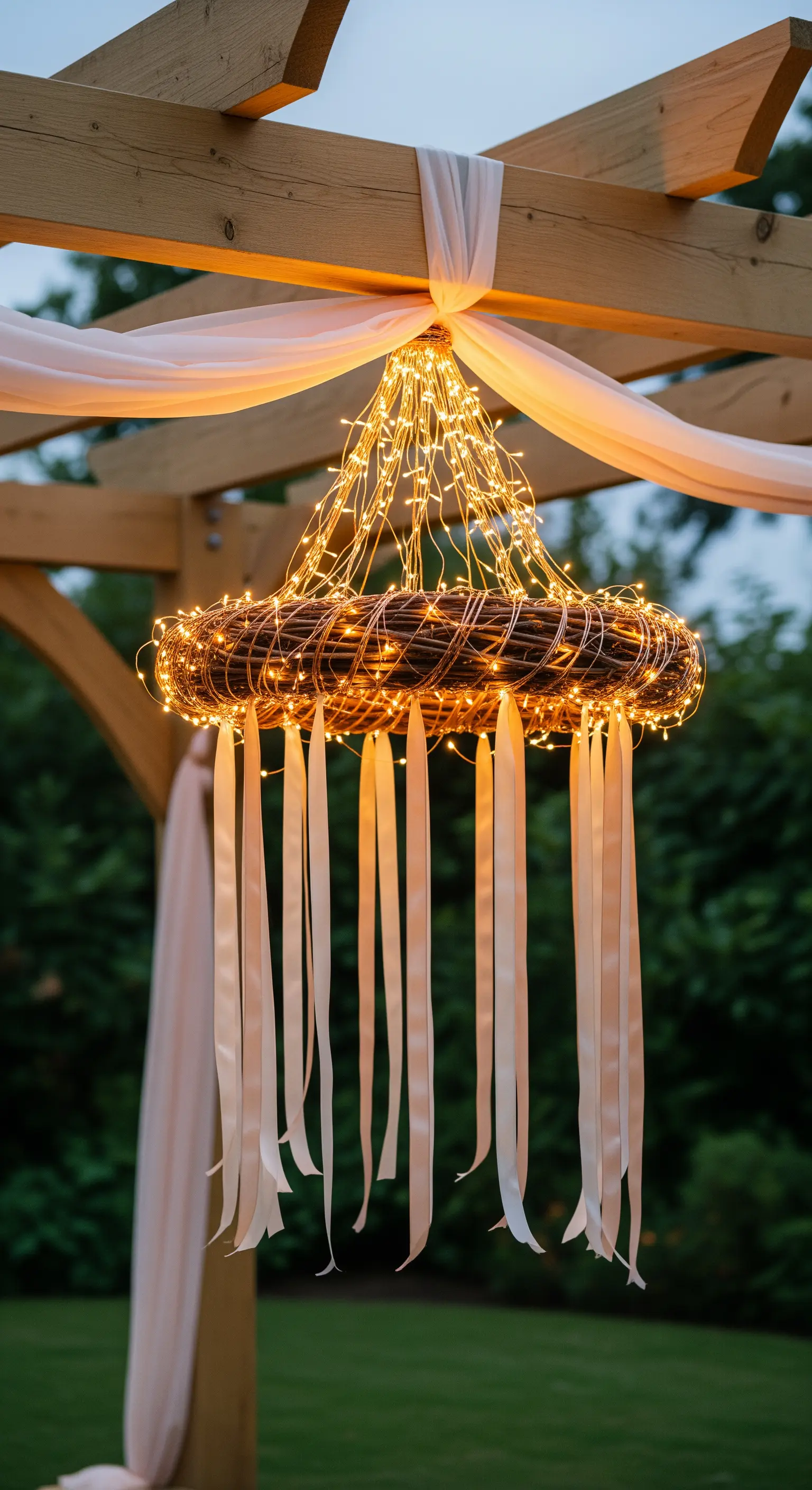 Lampadario DIY con una ghirlanda di rami, lucine e nastri bianchi.
