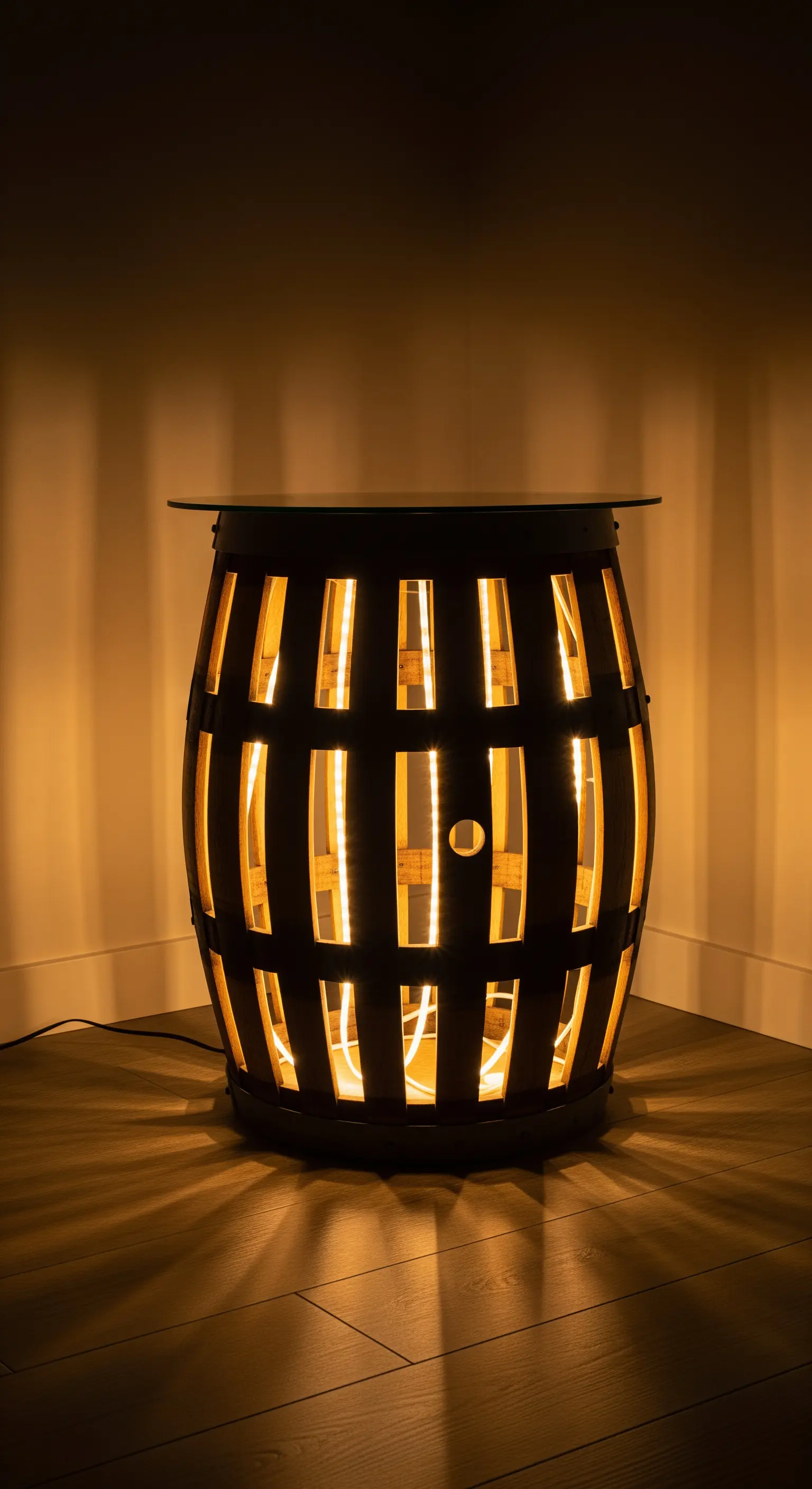 Botte di vino trasformata in una lampada da terra con luci a LED che filtrano dalle doghe.