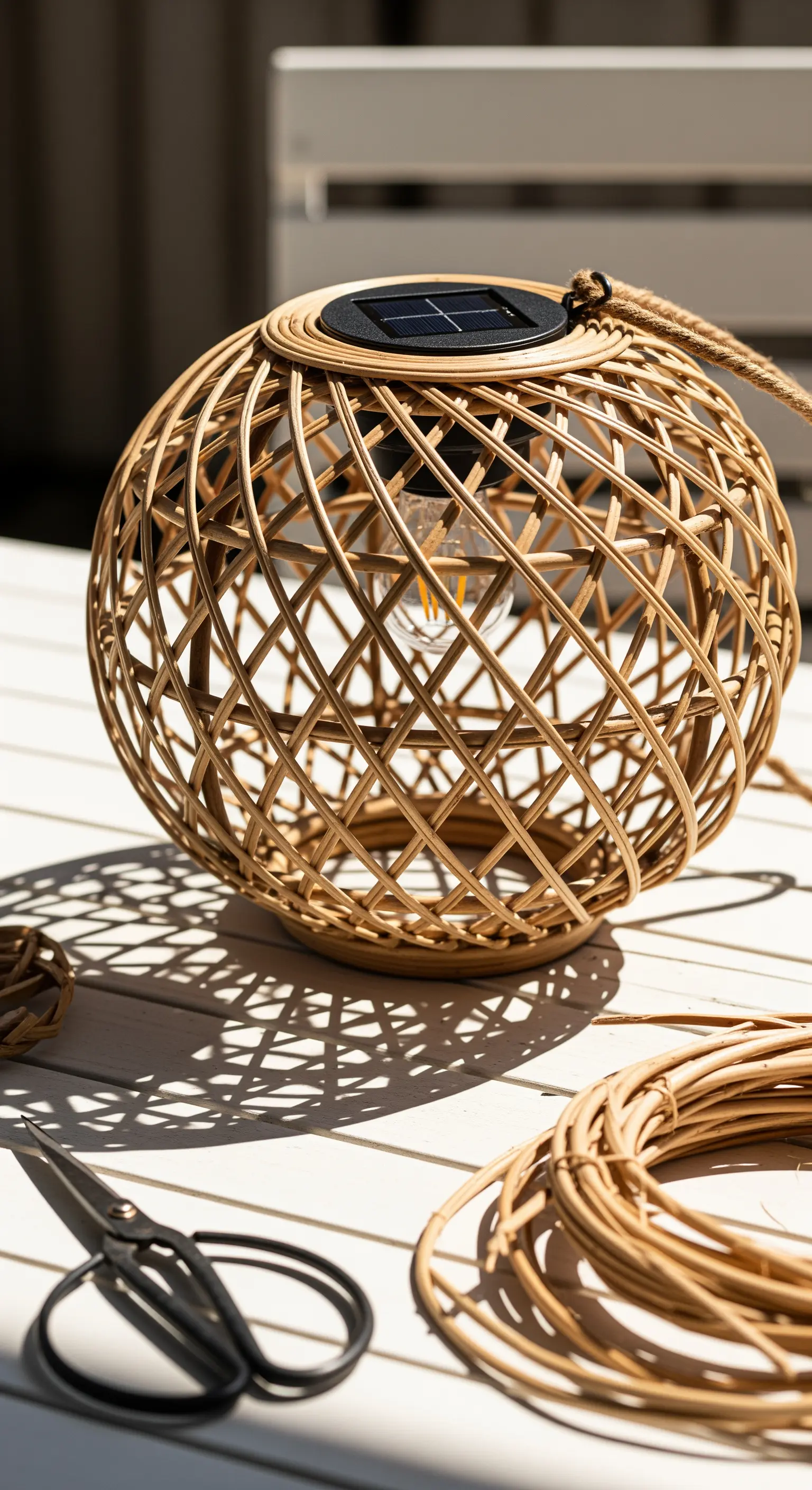 Lanterna solare sferica realizzata con fili di rattan intrecciati su un tavolo da esterno.