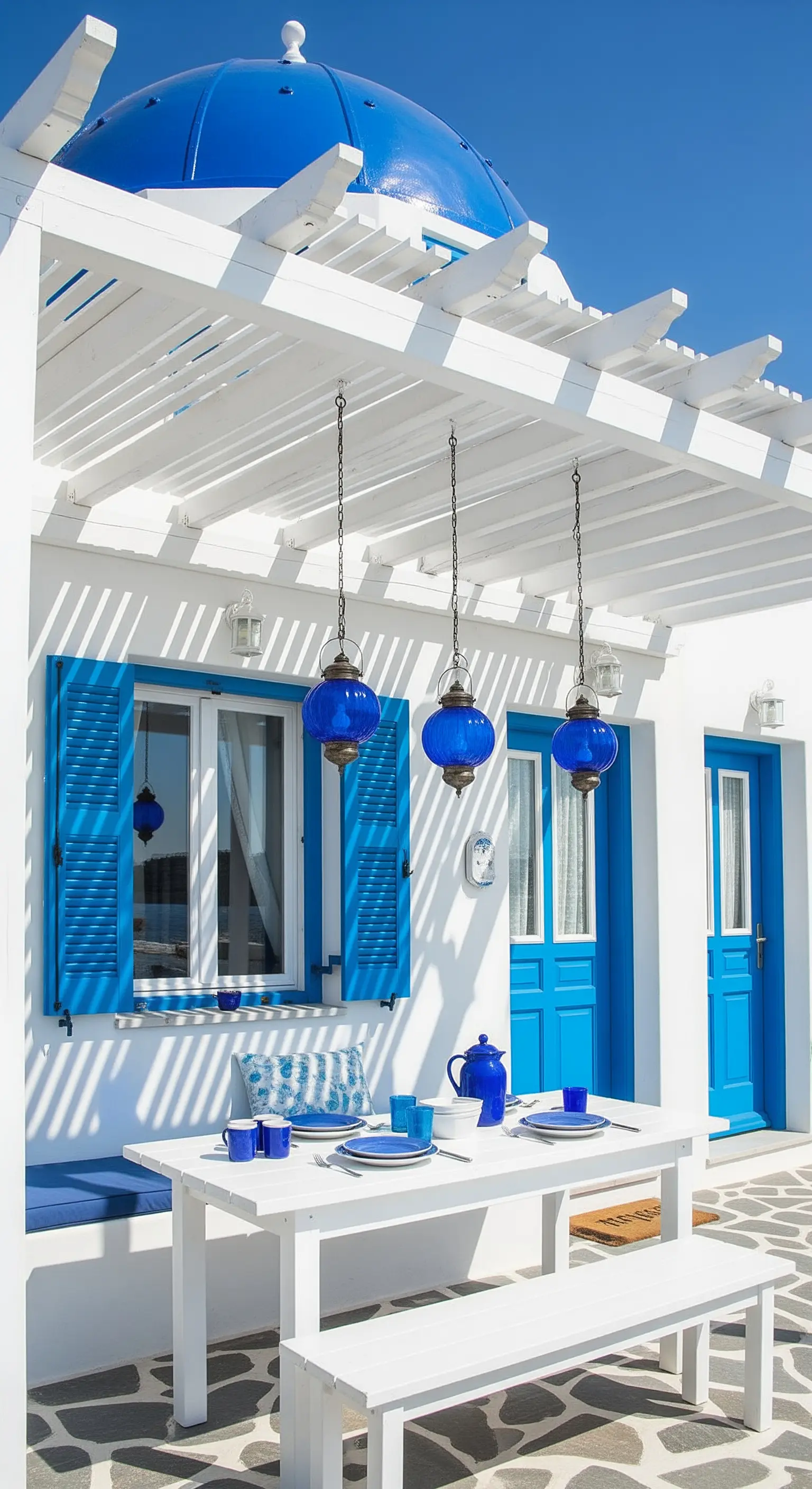 Patio in stile greco bianco e blu con lanterne in vetro blu appese a una pergola.