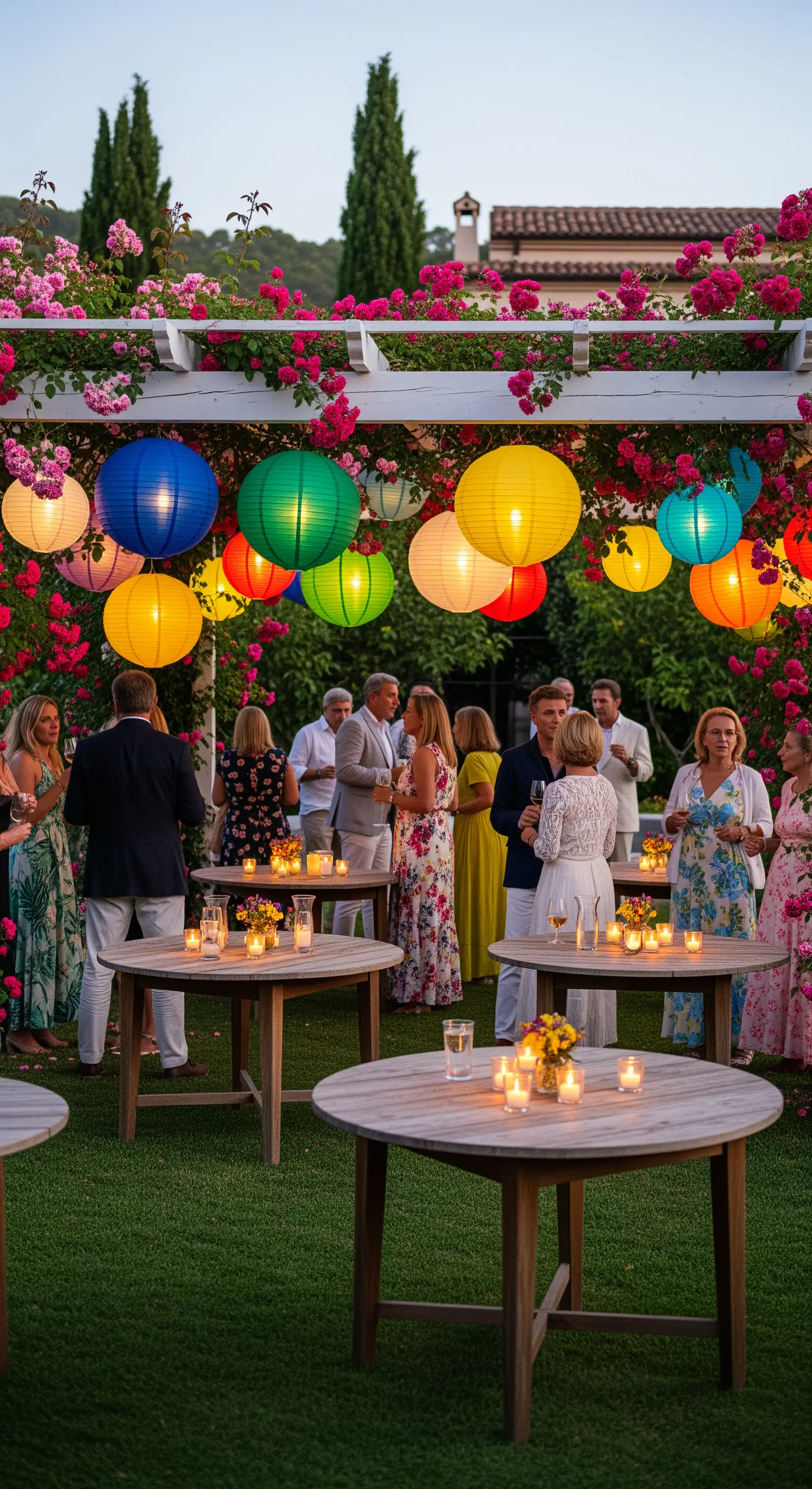 Pergolato bianco decorato con lanterne di carta colorate e rampicanti fioriti per una festa.