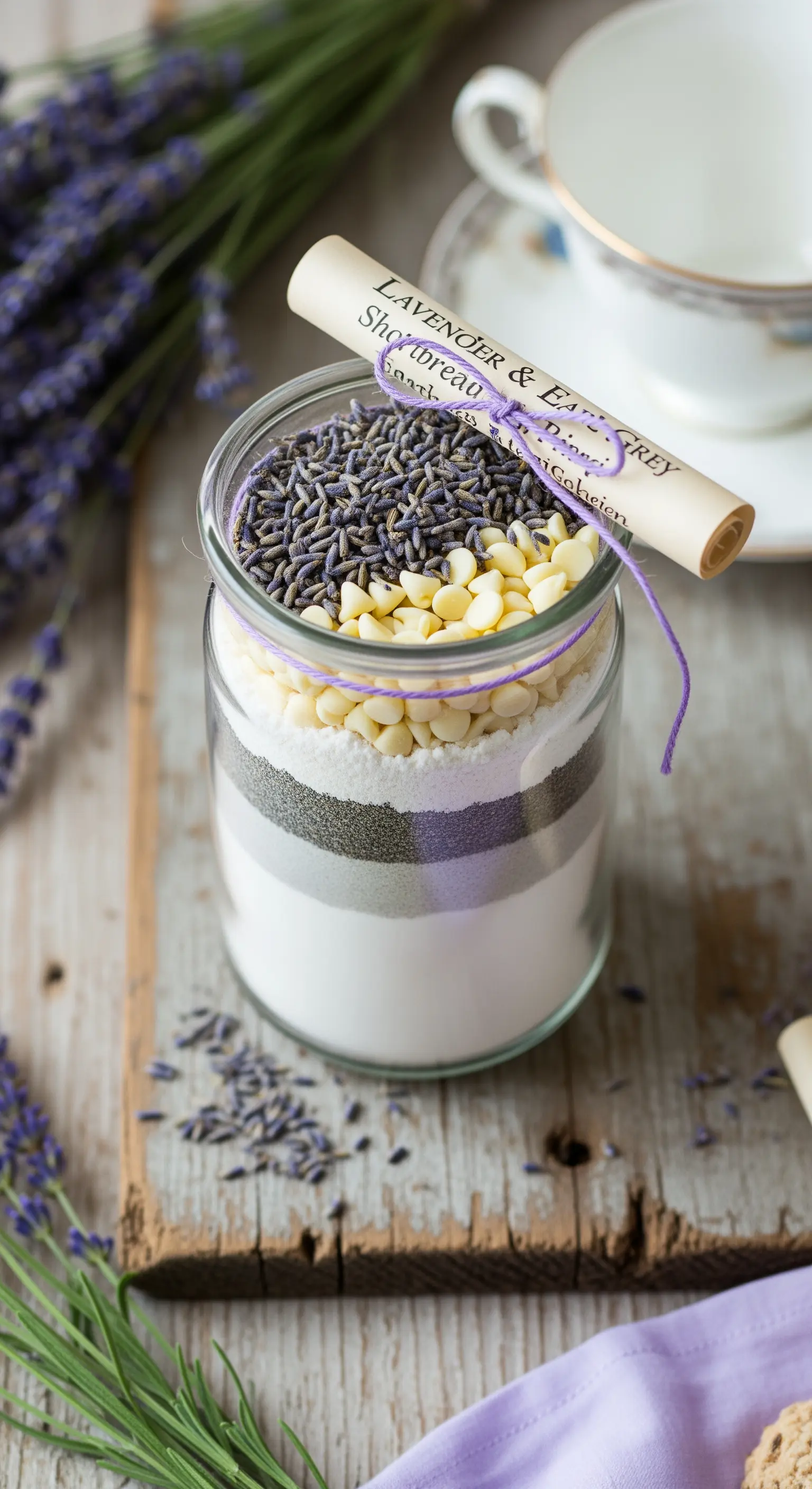 Preparato per shortbread alla lavanda e Earl Grey con una pergamena arrotolata come etichetta.