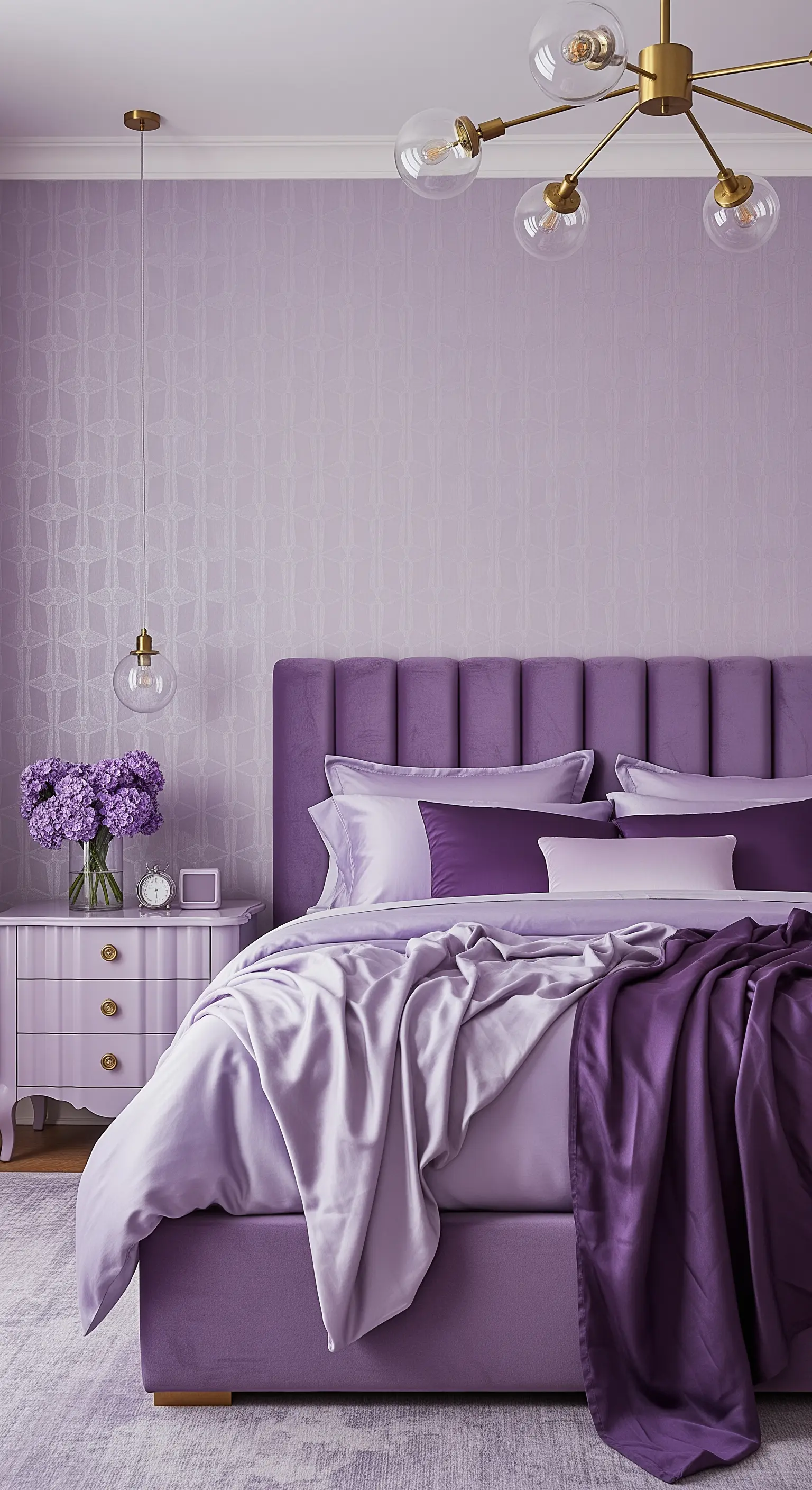 Camera da letto color lavanda con testiera in velluto e lampade dorate.