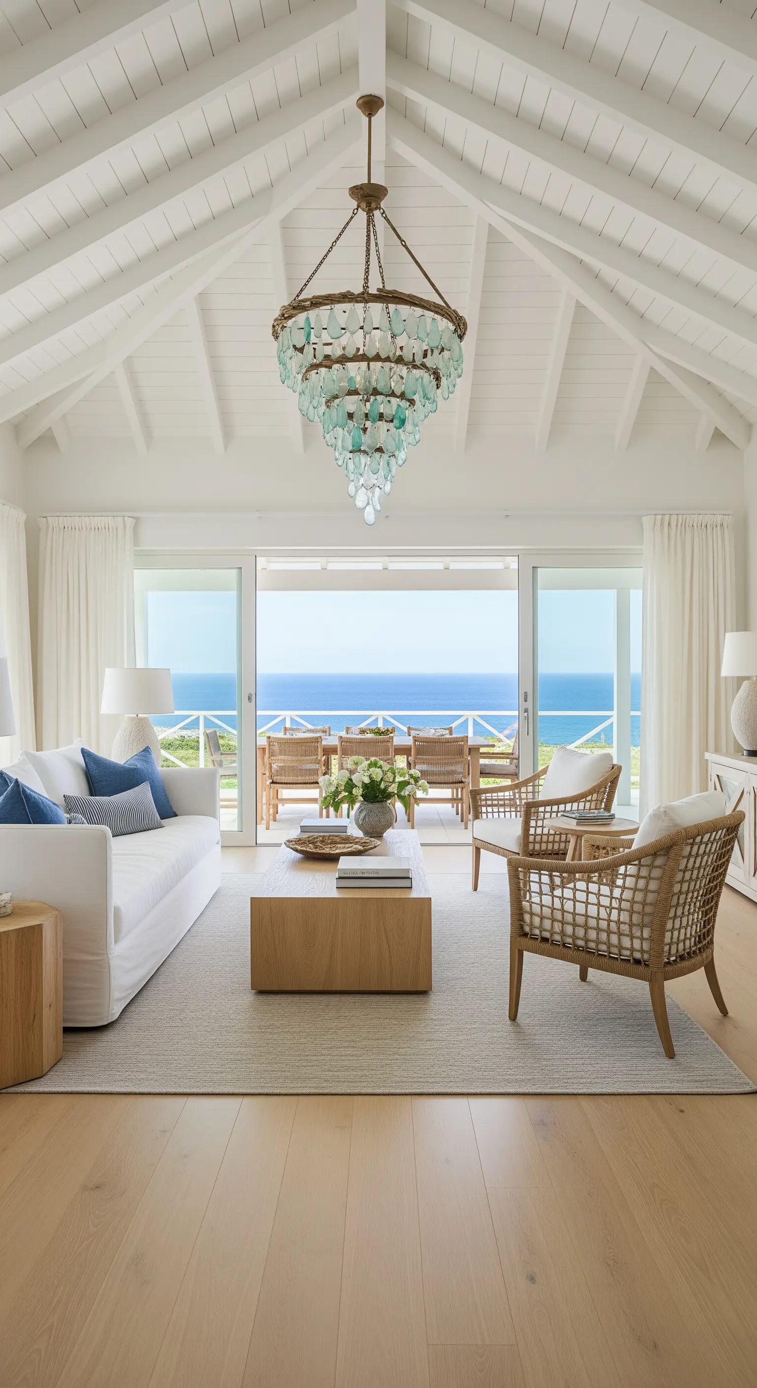 Soggiorno costiero total white con soffitto a travi, lampadario in vetro e vista sull'oceano.