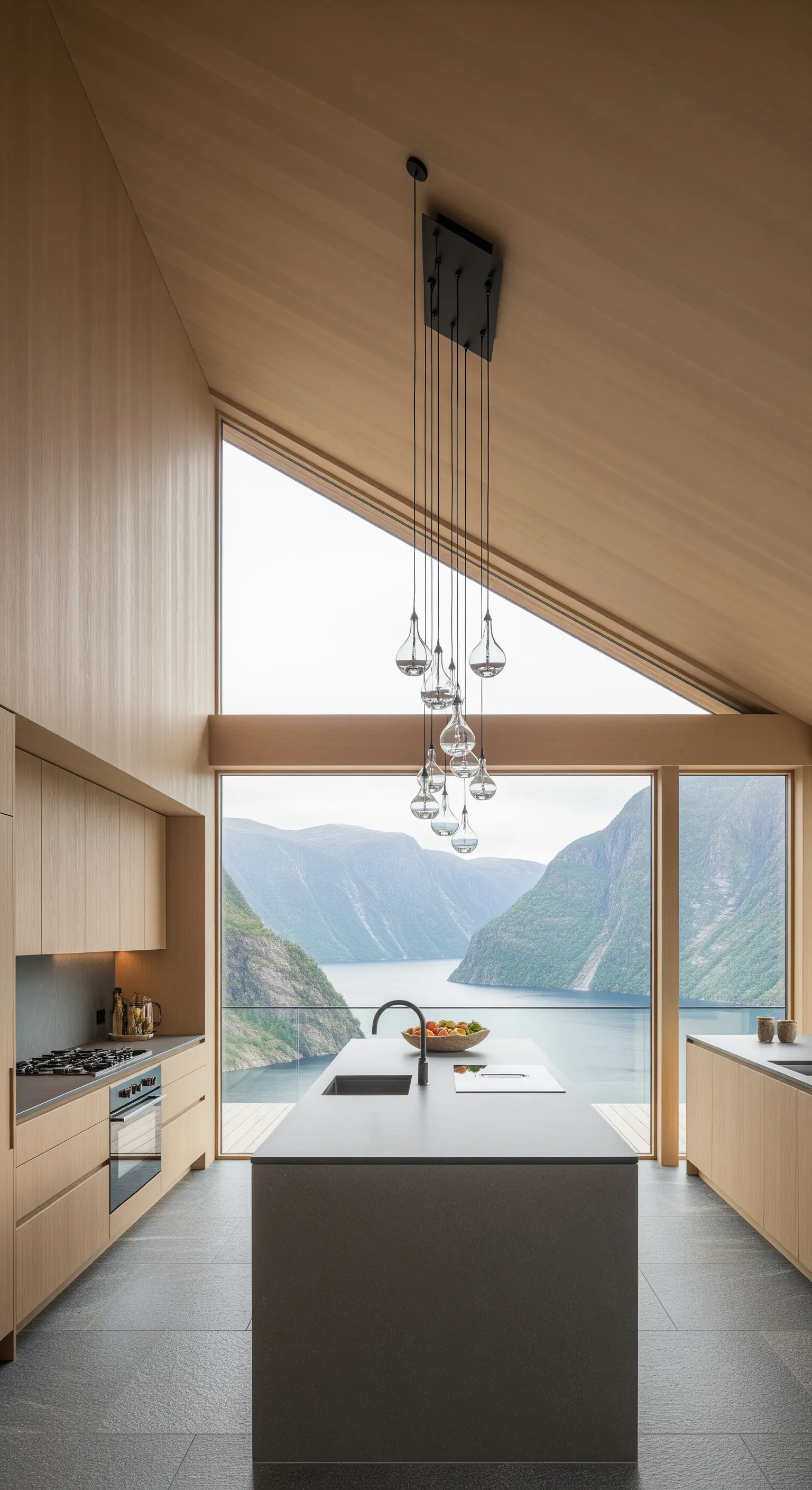 Cucina scandinava in legno chiaro con un cluster di lampade a sospensione in vetro