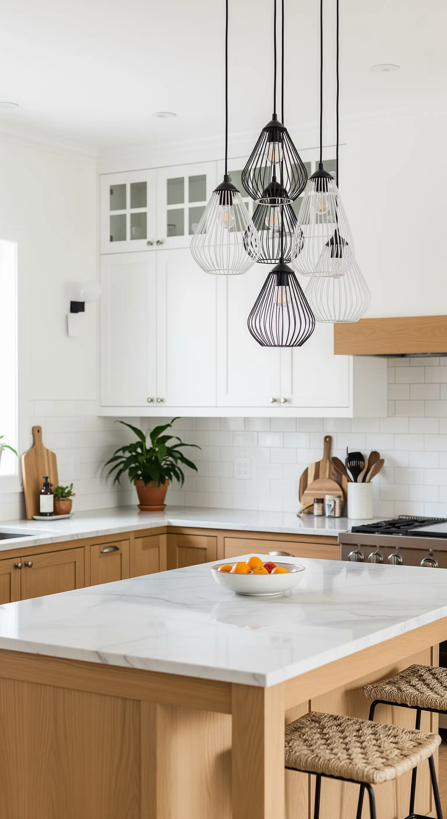 Isola cucina in legno chiaro e marmo con lampadari neri a gabbia metallica.