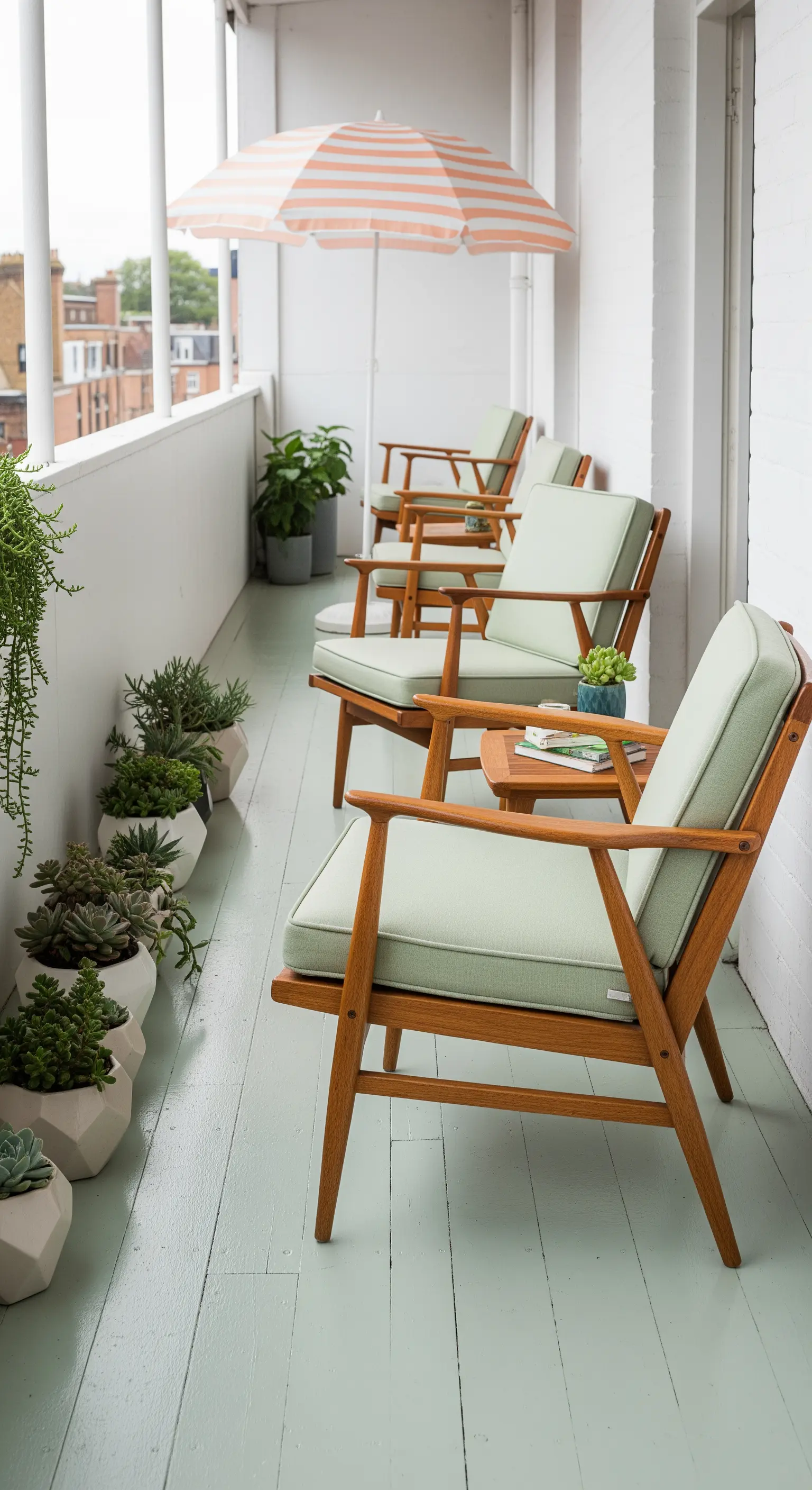 Balcone lungo e stretto con poltroncine in legno e cuscini verde salvia.