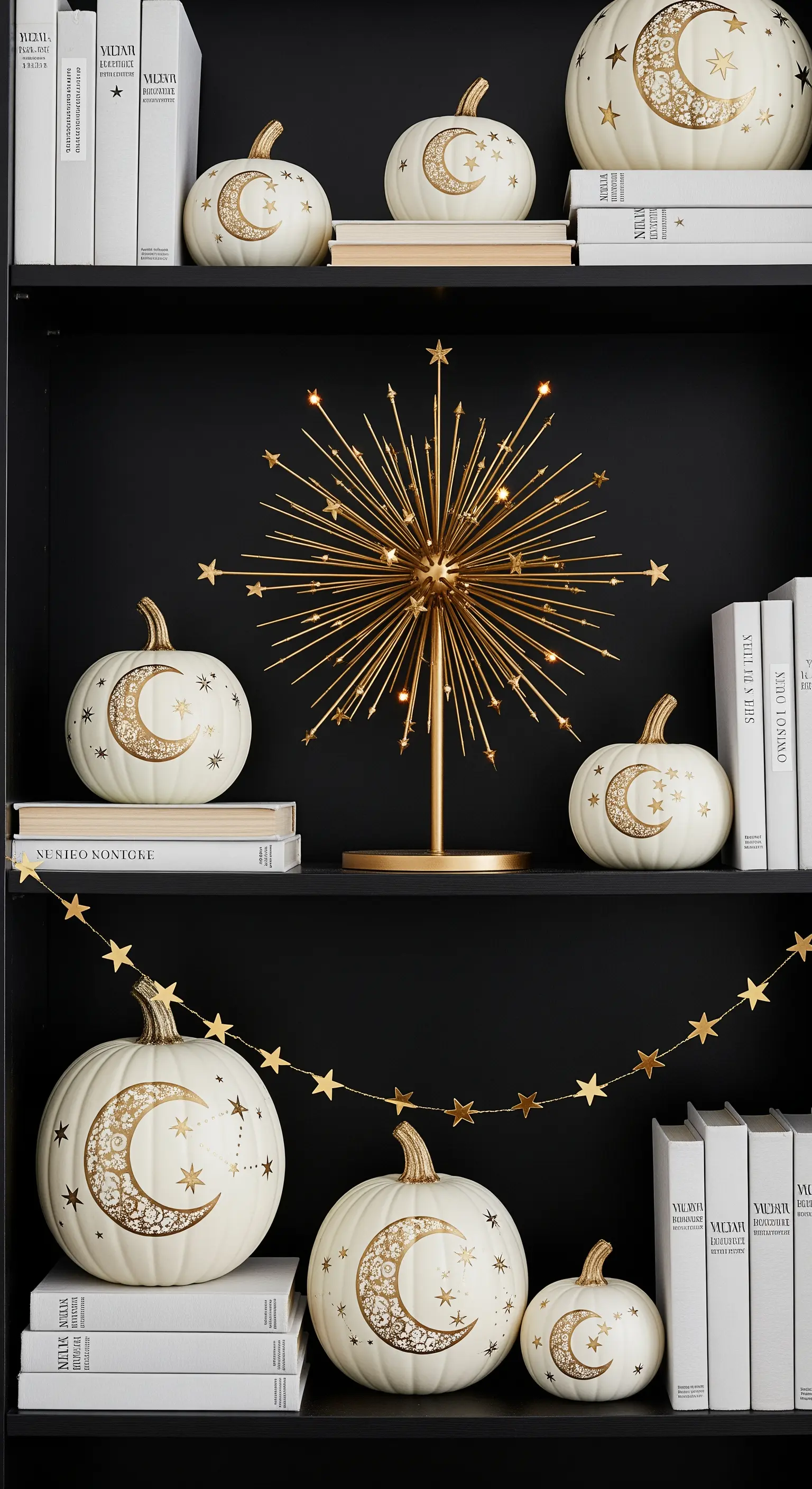 Libreria nera con zucche bianche decorate con lune e stelle dorate