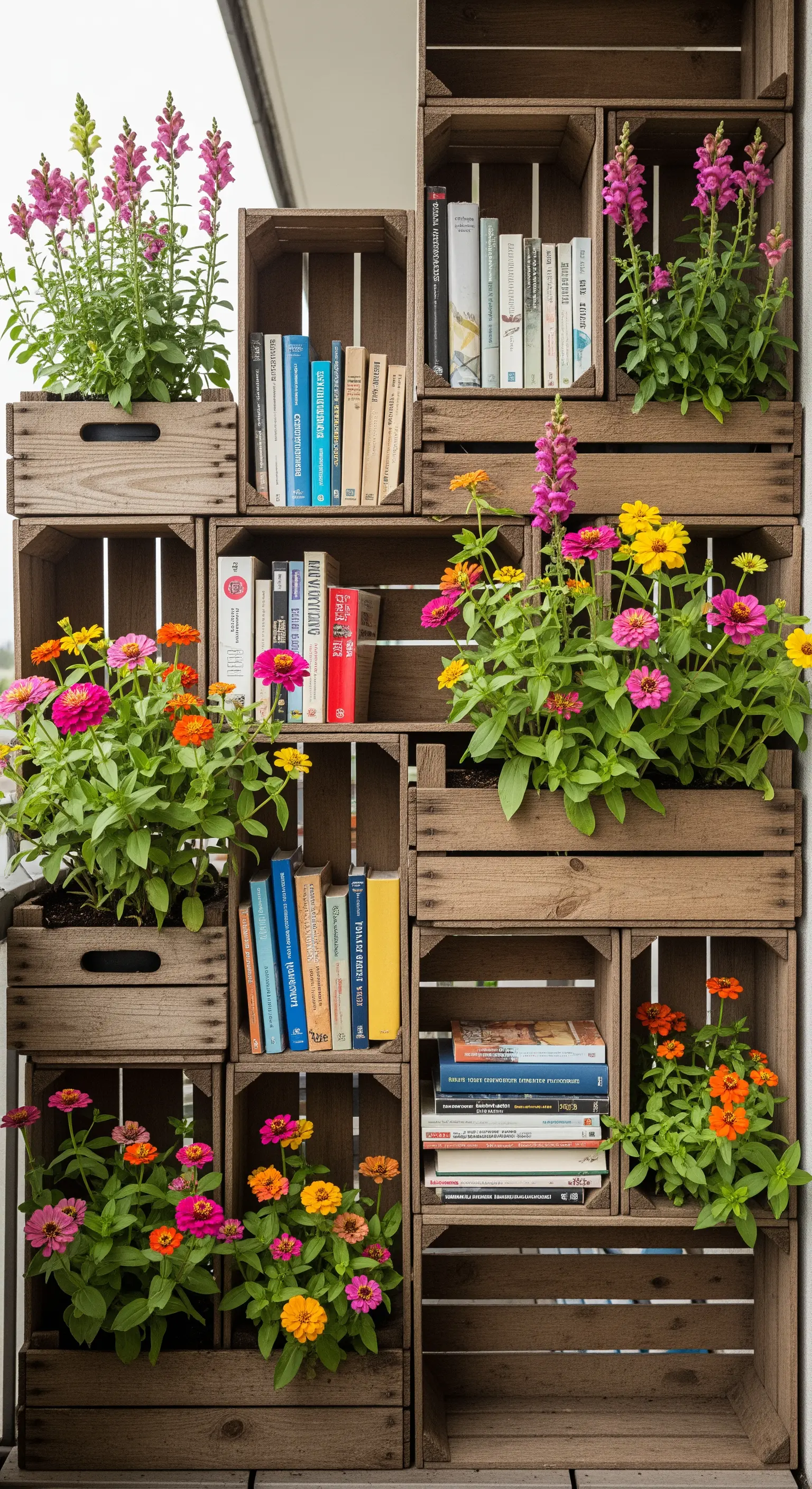 Grande parete attrezzata con cassette di legno che contengono sia libri che fiori colorati.