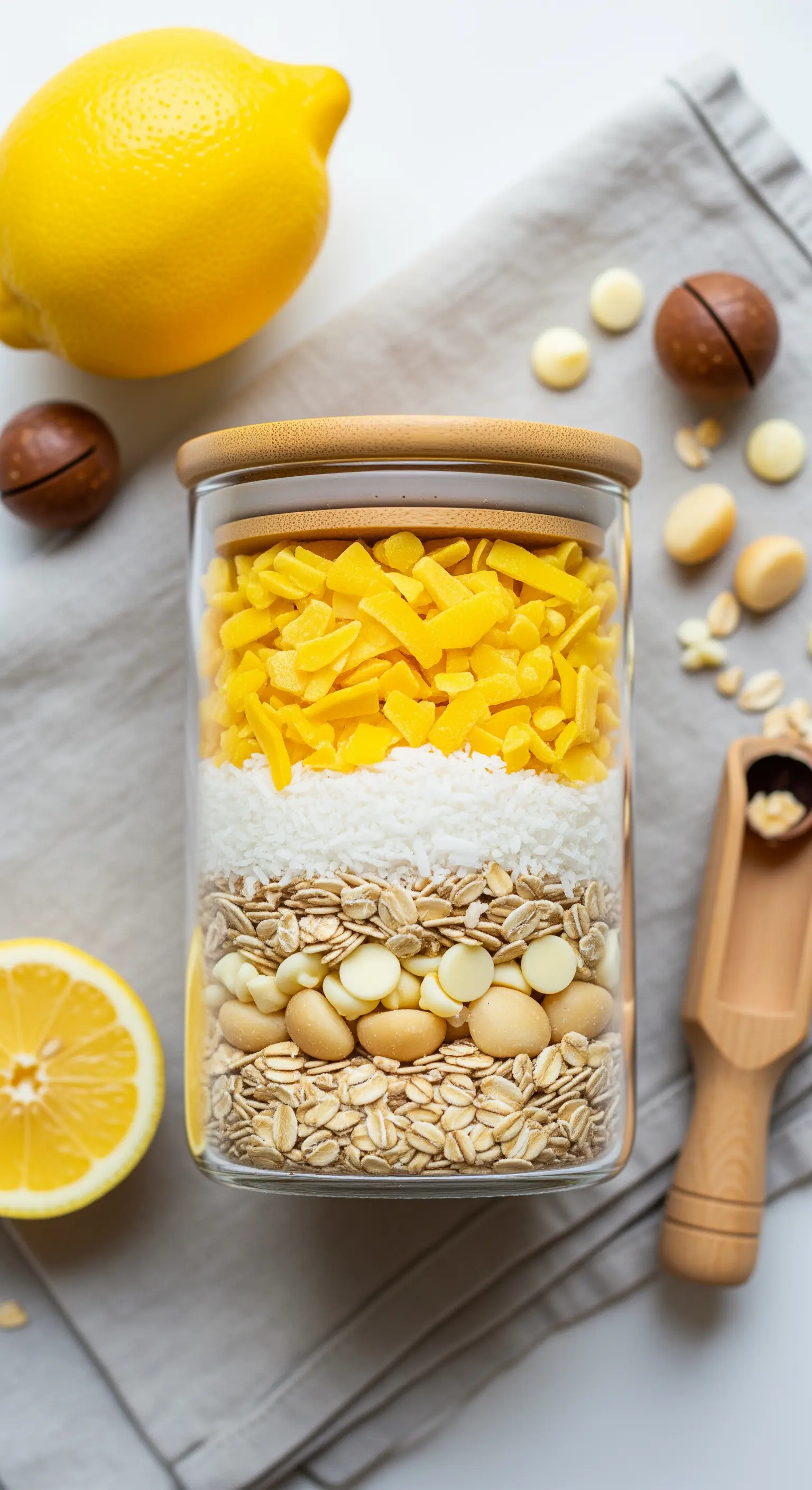 Barattolo di preparato per biscotti al limone, cocco e noci di macadamia con tappo in legno.
