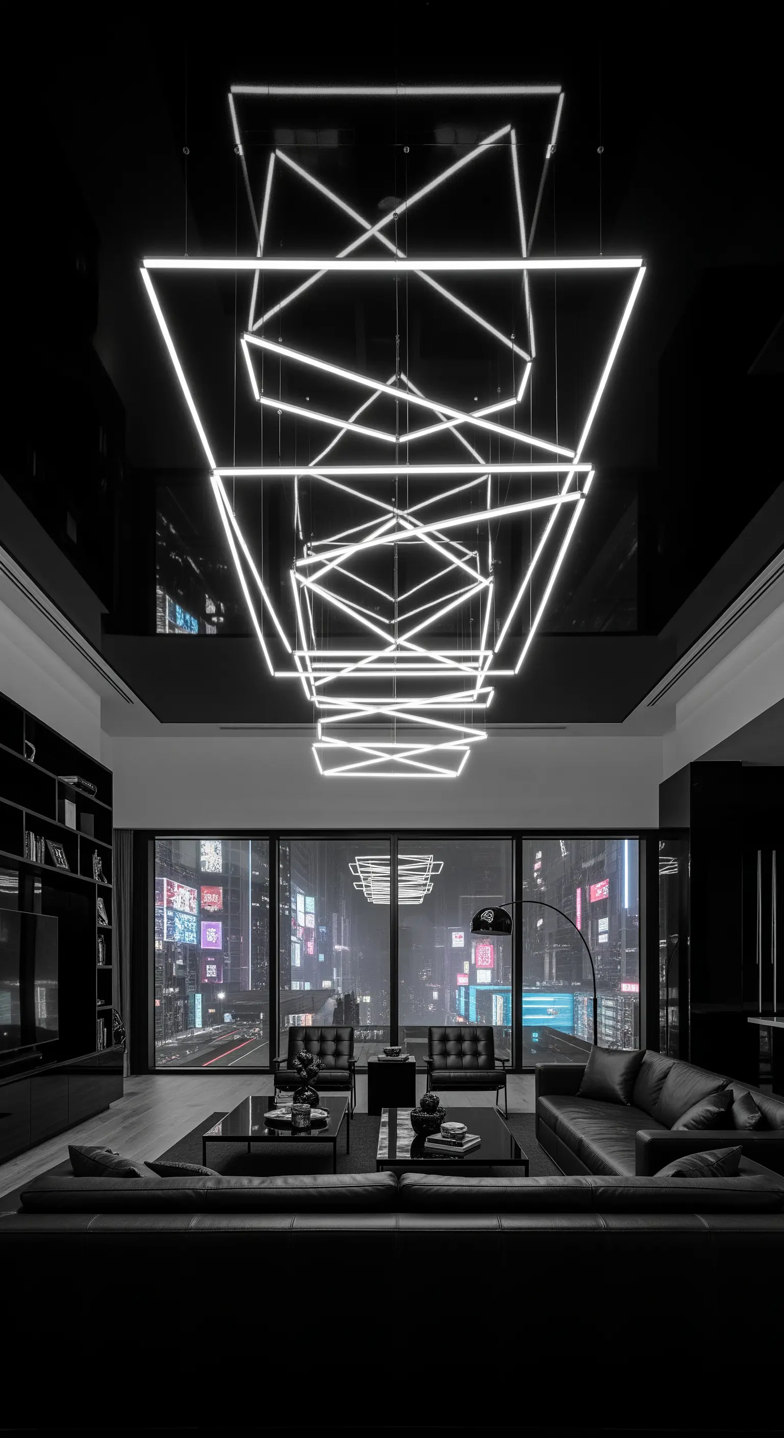 Loft moderno total black con un'installazione luminosa geometrica a LED e vista sulla città.