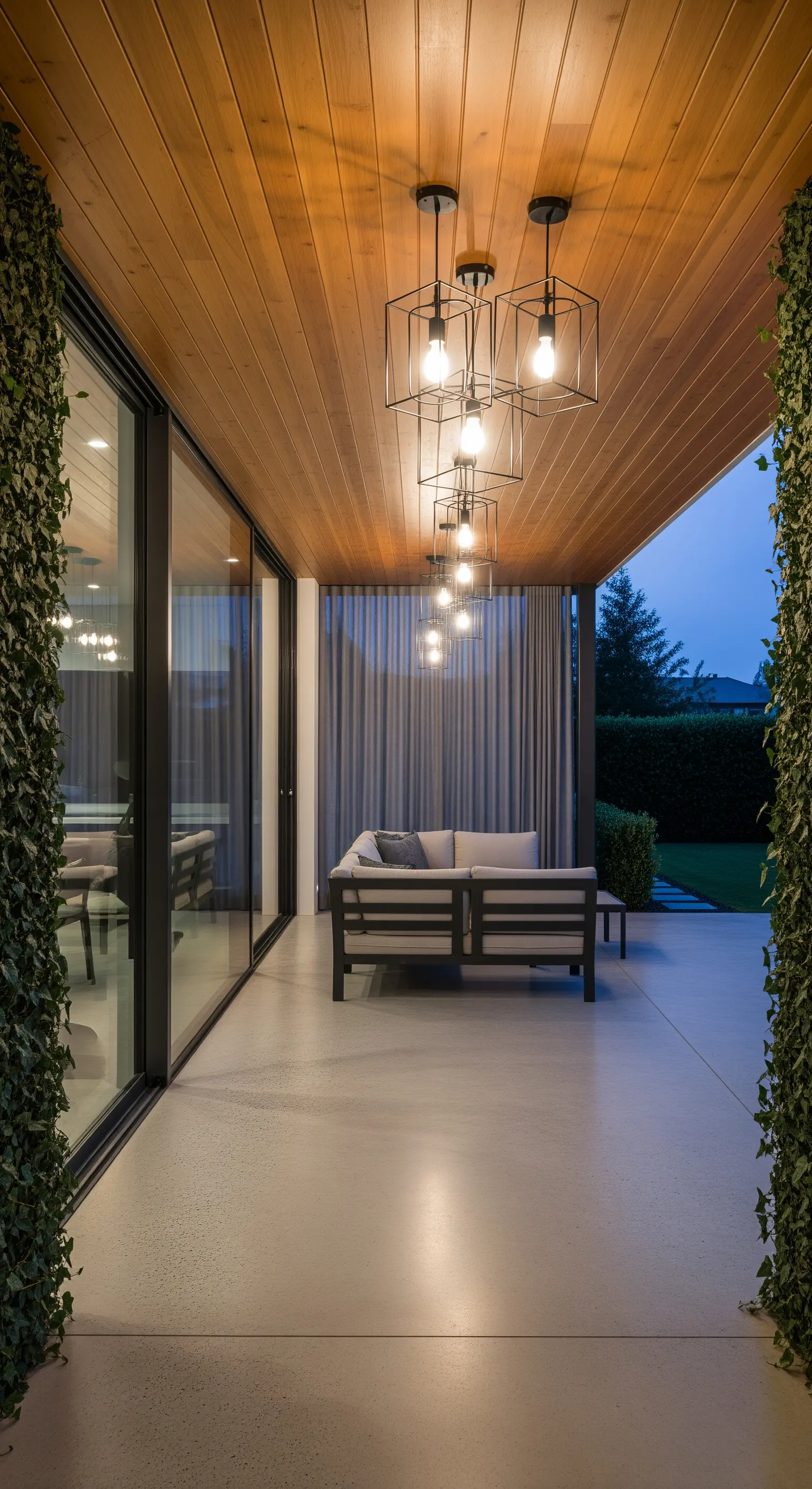 Veranda moderna con soffitto in legno, lampade di design e divano grigio.