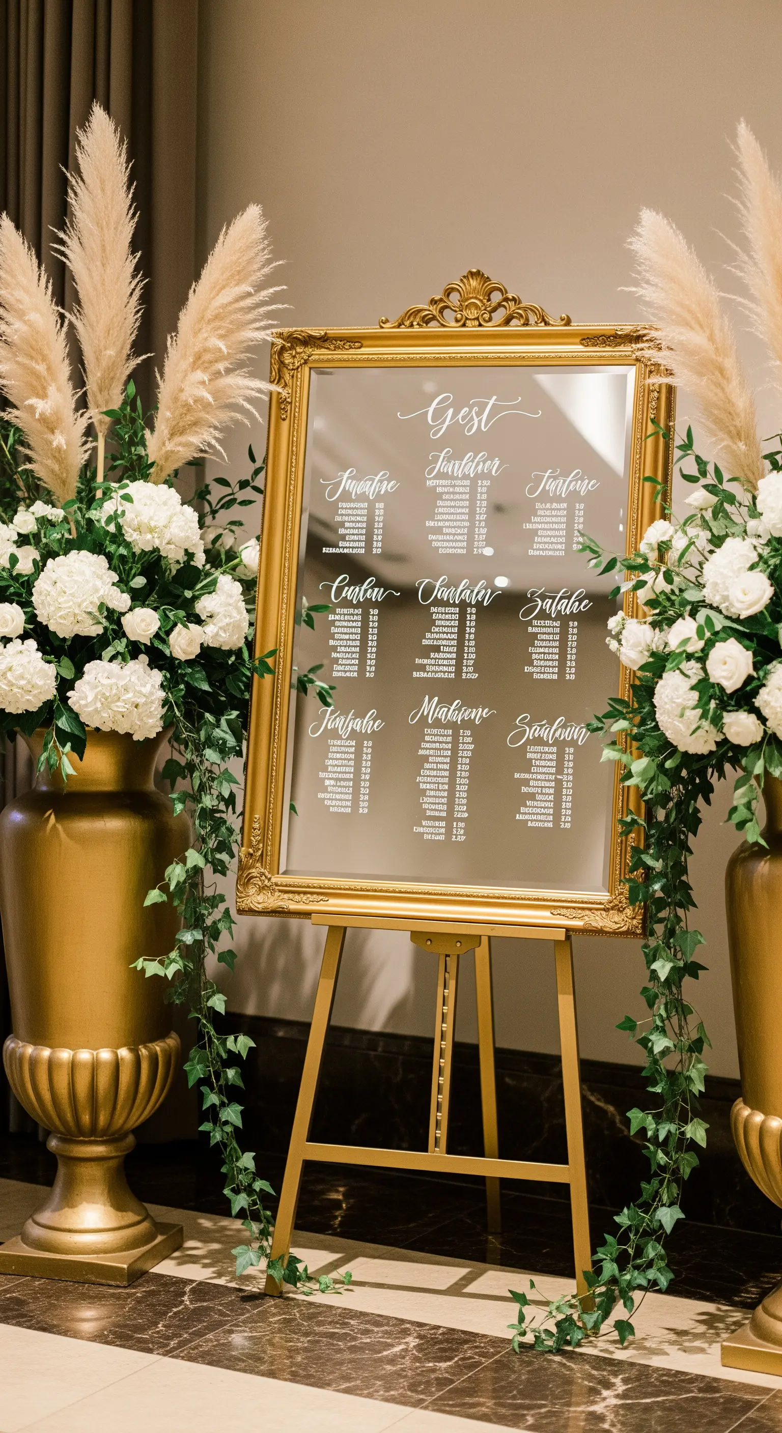 Tableau de mariage scritto su un grande specchio dorato con calligrafia bianca.