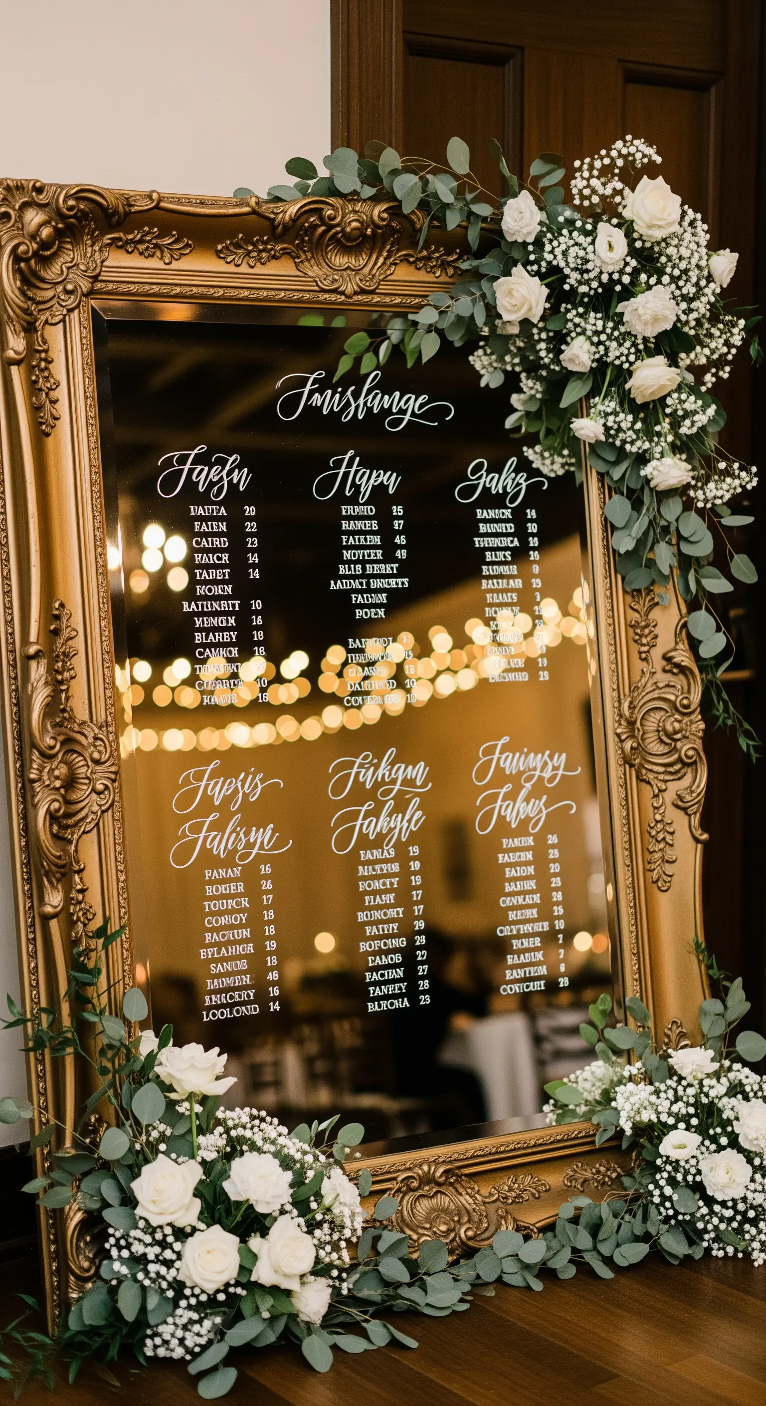 Grande specchio dorato con cornice barocca usato come tableau de mariage.