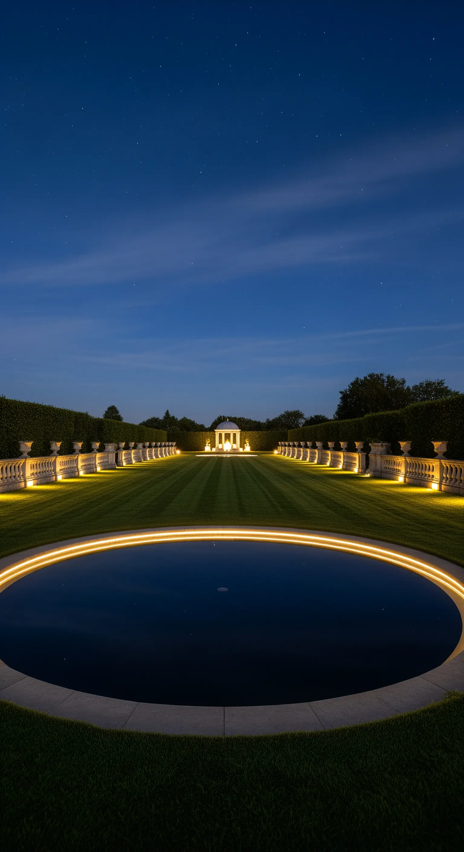 Piscina circolare scura che riflette un gazebo illuminato in un giardino formale di notte.